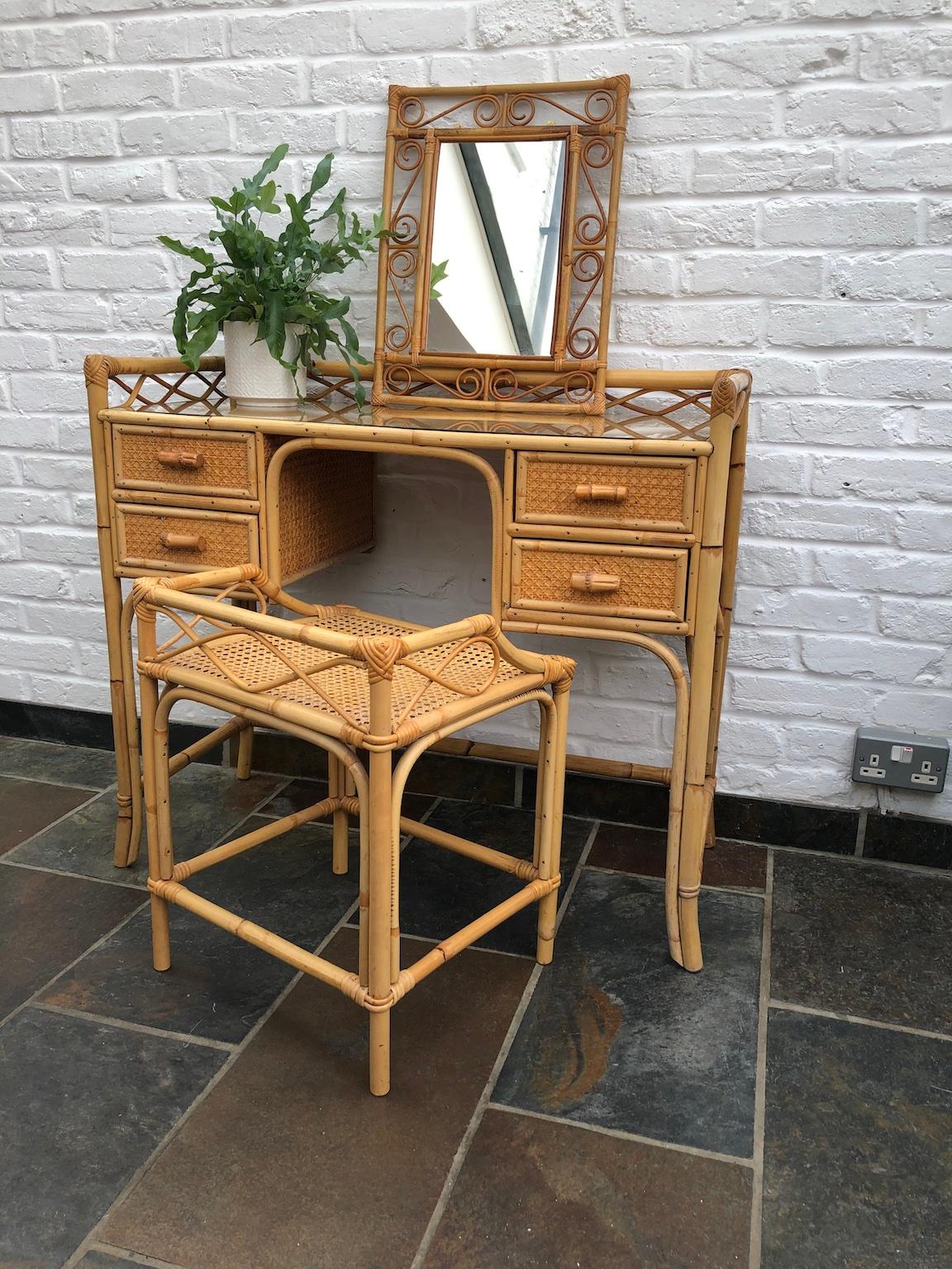 MidCentury Rattan Cane Dressing Table / Desk, Stool and Mirror Set, Eng. 1970s 7