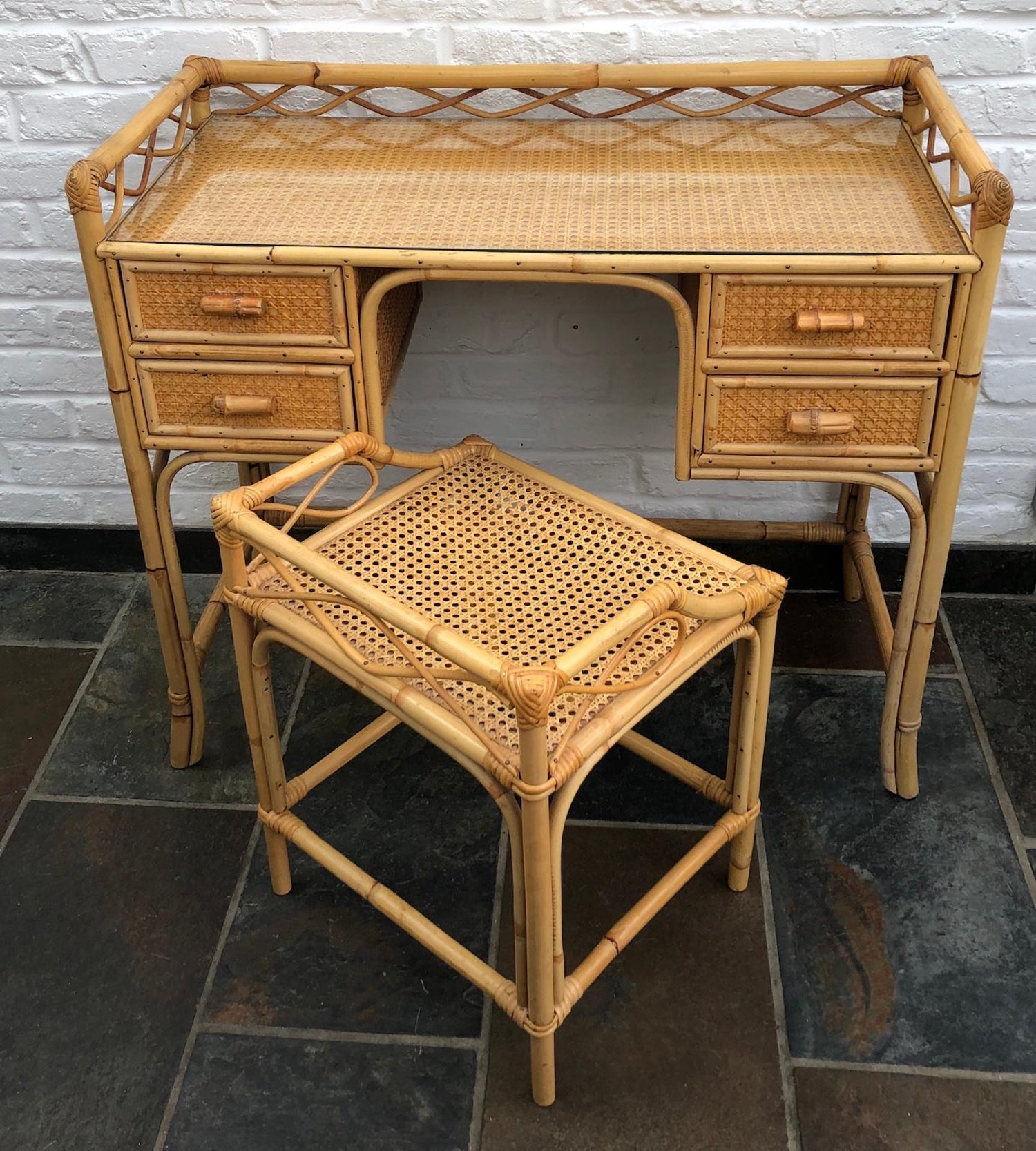 Midcentury Rattan Cane Dressing Table Desk Stool And Mirror Set Eng 1970s At 1stdibs