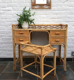 MidCentury Rattan Cane Dressing Table / Desk, Stool and Mirror Set, Eng. 1970s