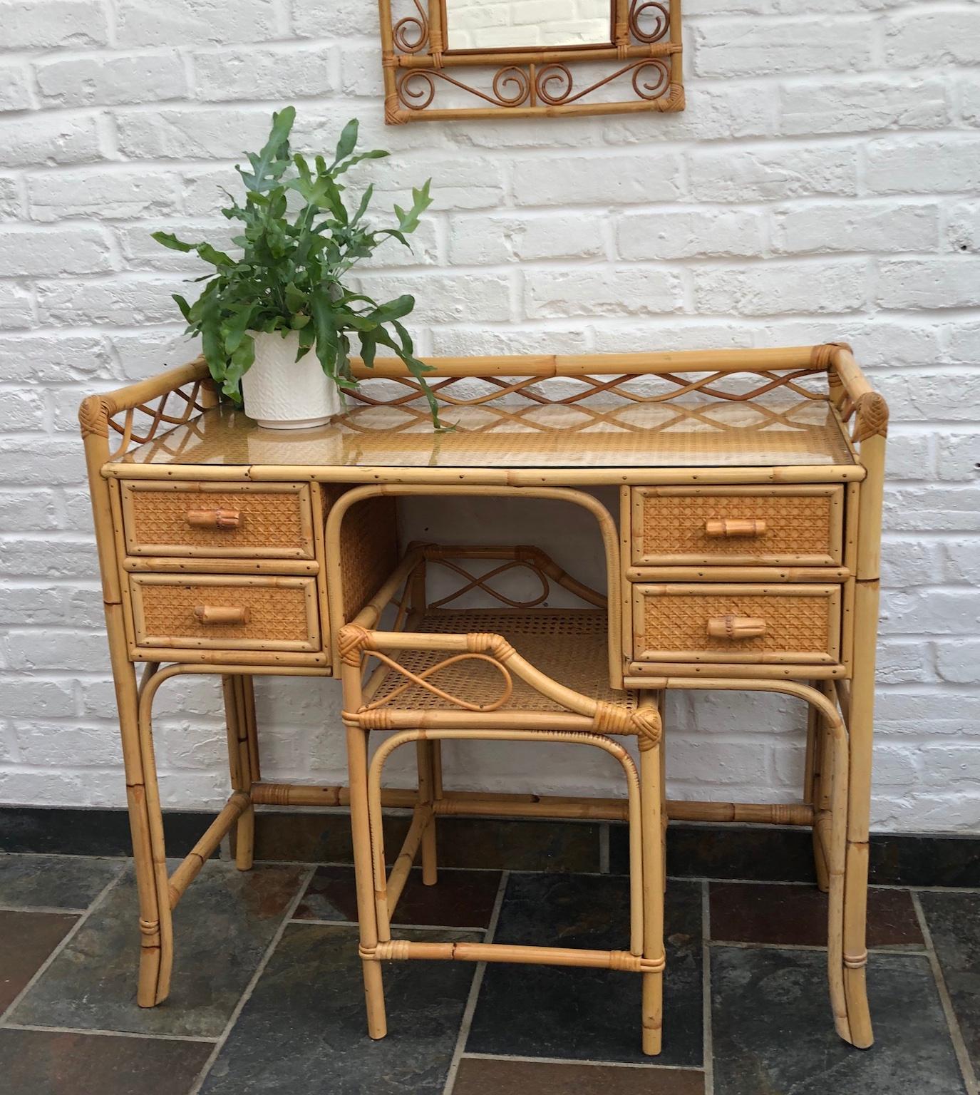 European MidCentury Rattan Cane Dressing Table / Desk, Stool and Mirror Set, Eng. 1970s