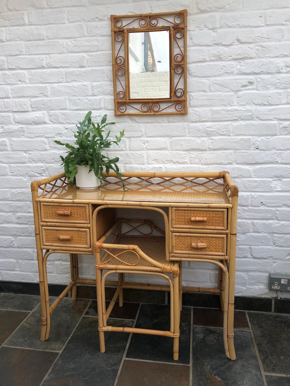 MidCentury Rattan Cane Dressing Table / Desk, Stool and Mirror Set, Eng. 1970s In Good Condition In Richmond, Surrey