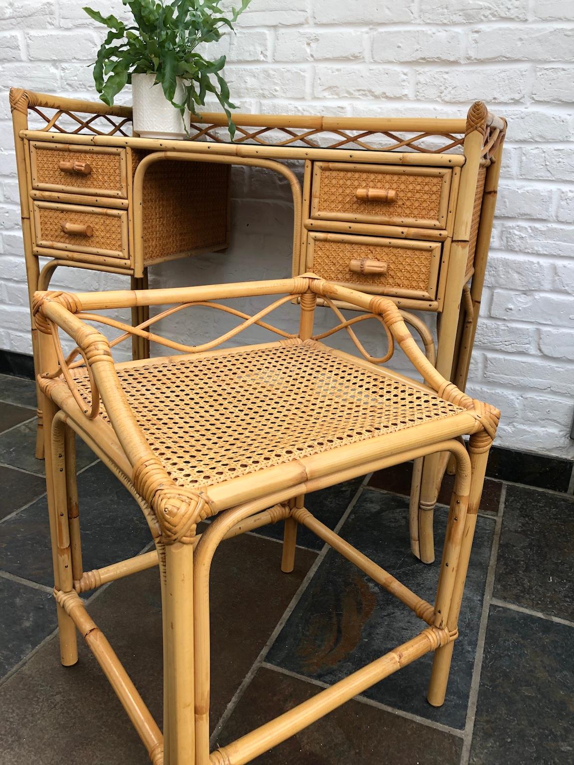 Late 20th Century MidCentury Rattan Cane Dressing Table / Desk, Stool and Mirror Set, Eng. 1970s