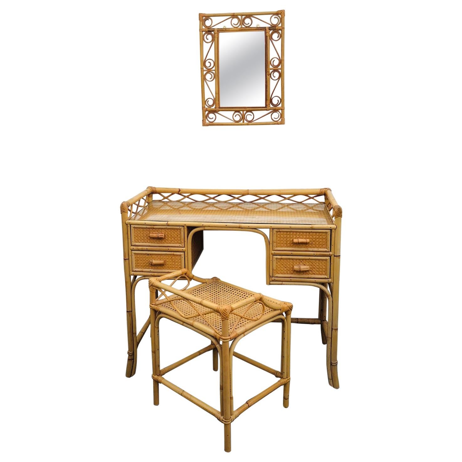 MidCentury Rattan Cane Dressing Table / Desk, Stool and Mirror Set, Eng. 1970s