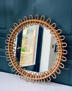 Mid-Century Cane Franco Albini Style Circular Wall Mirror