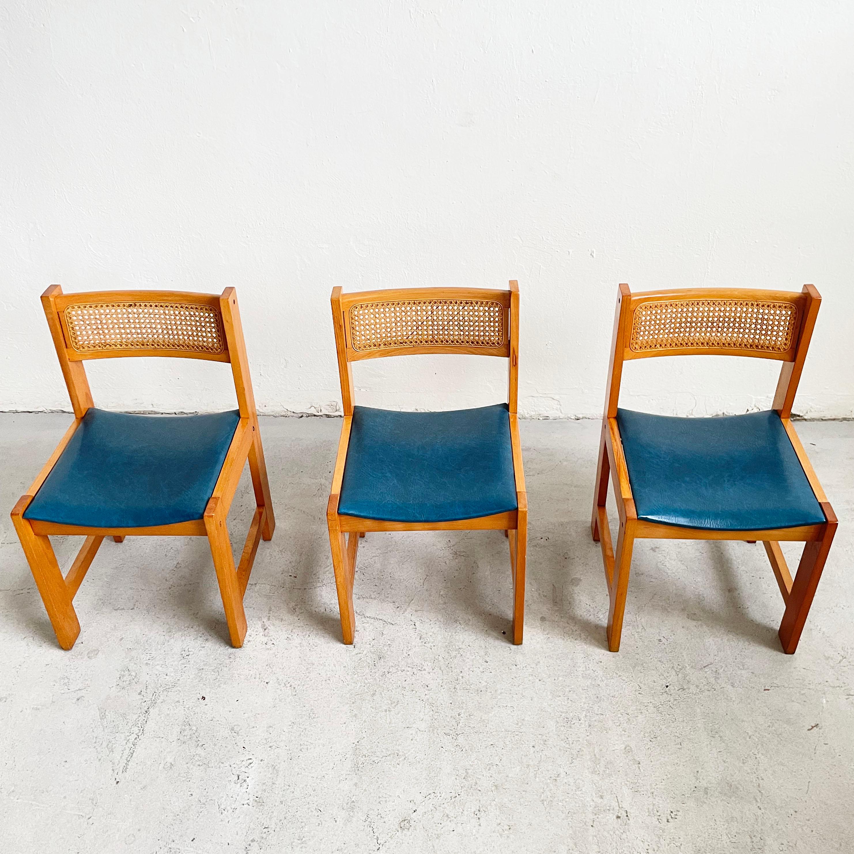 Set of 6 Mid-Century Cane Rattan and Vinyl Wooden Dining Chairs, 1960s 1970s 2