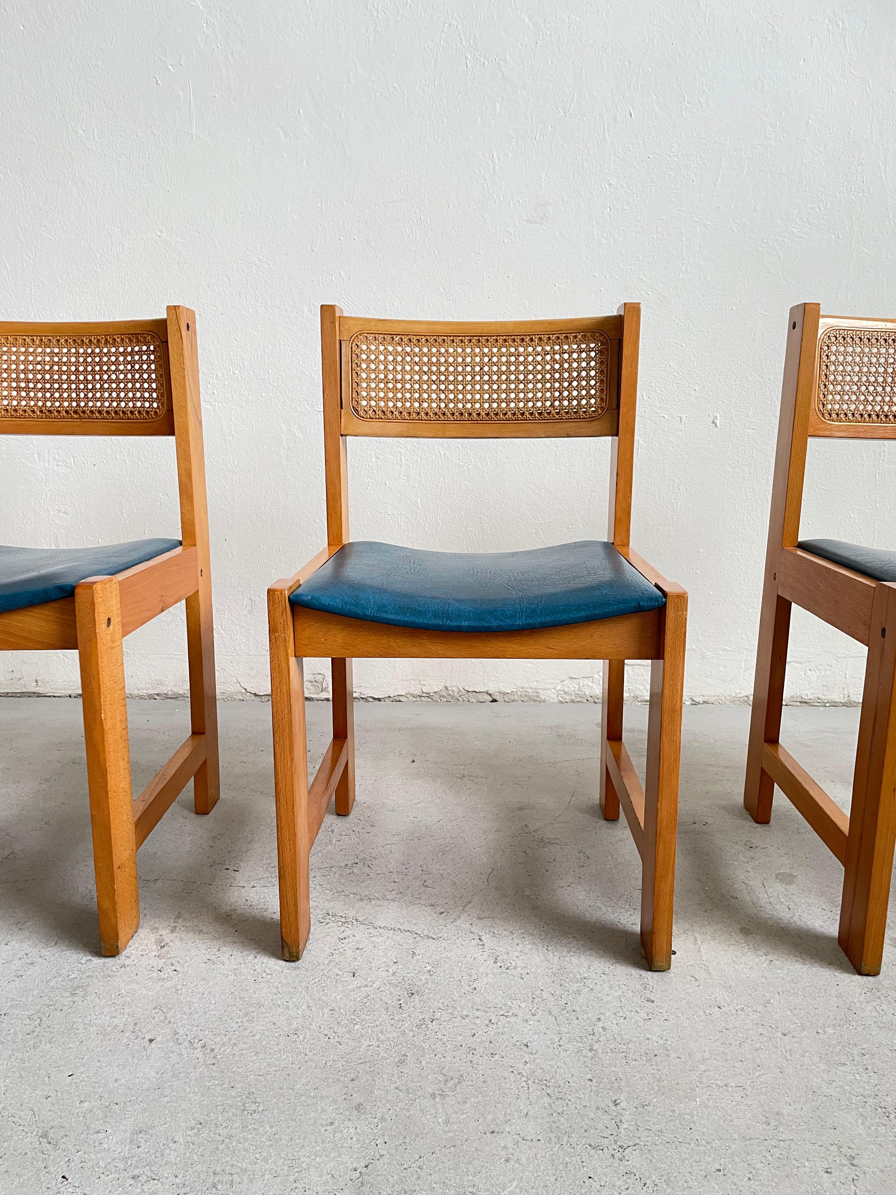 Set of 6 Mid-Century Cane Rattan and Vinyl Wooden Dining Chairs, 1960s 1970s 3