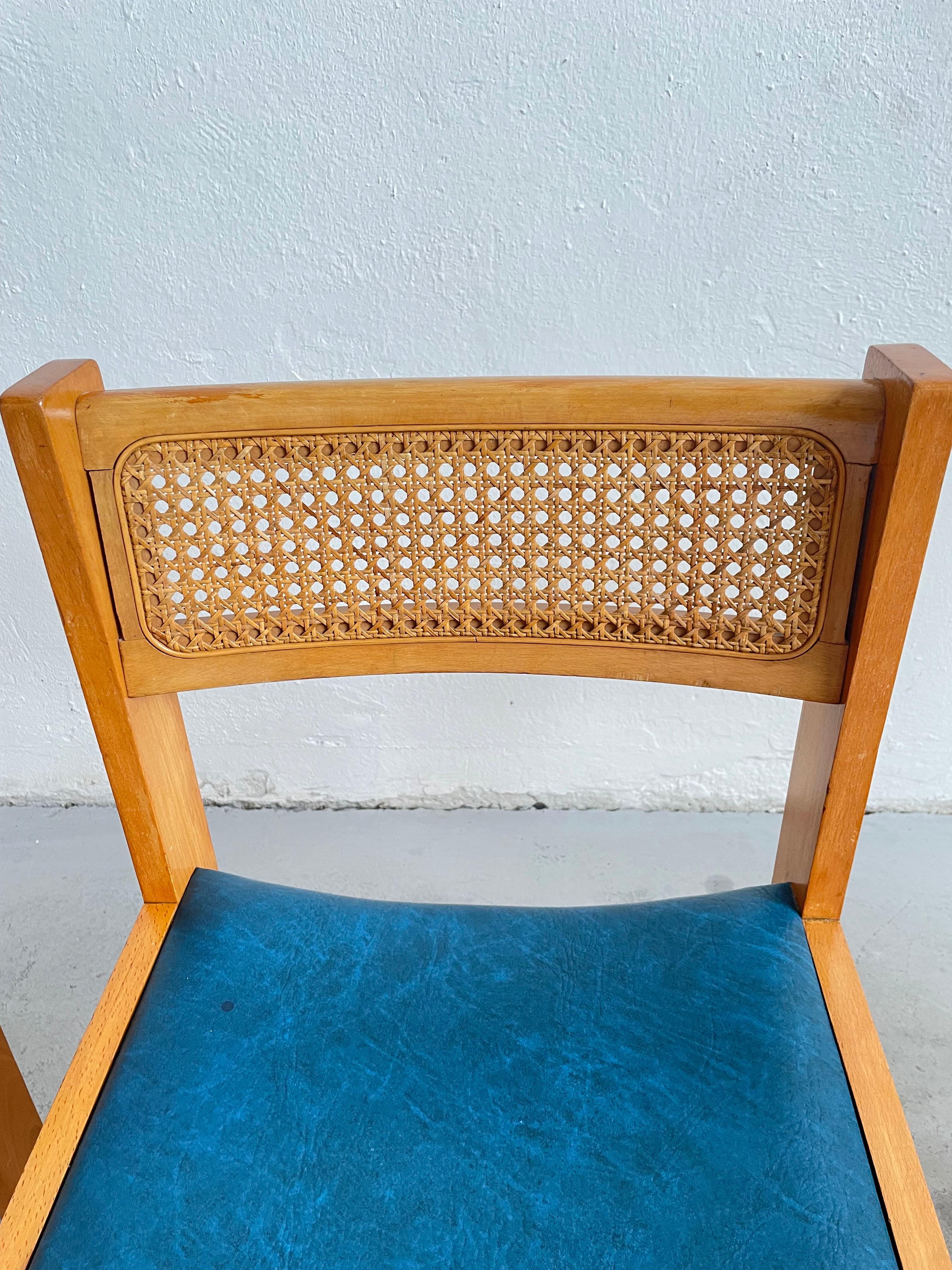Set of 6 Mid-Century Cane Rattan and Vinyl Wooden Dining Chairs, 1960s 1970s 4