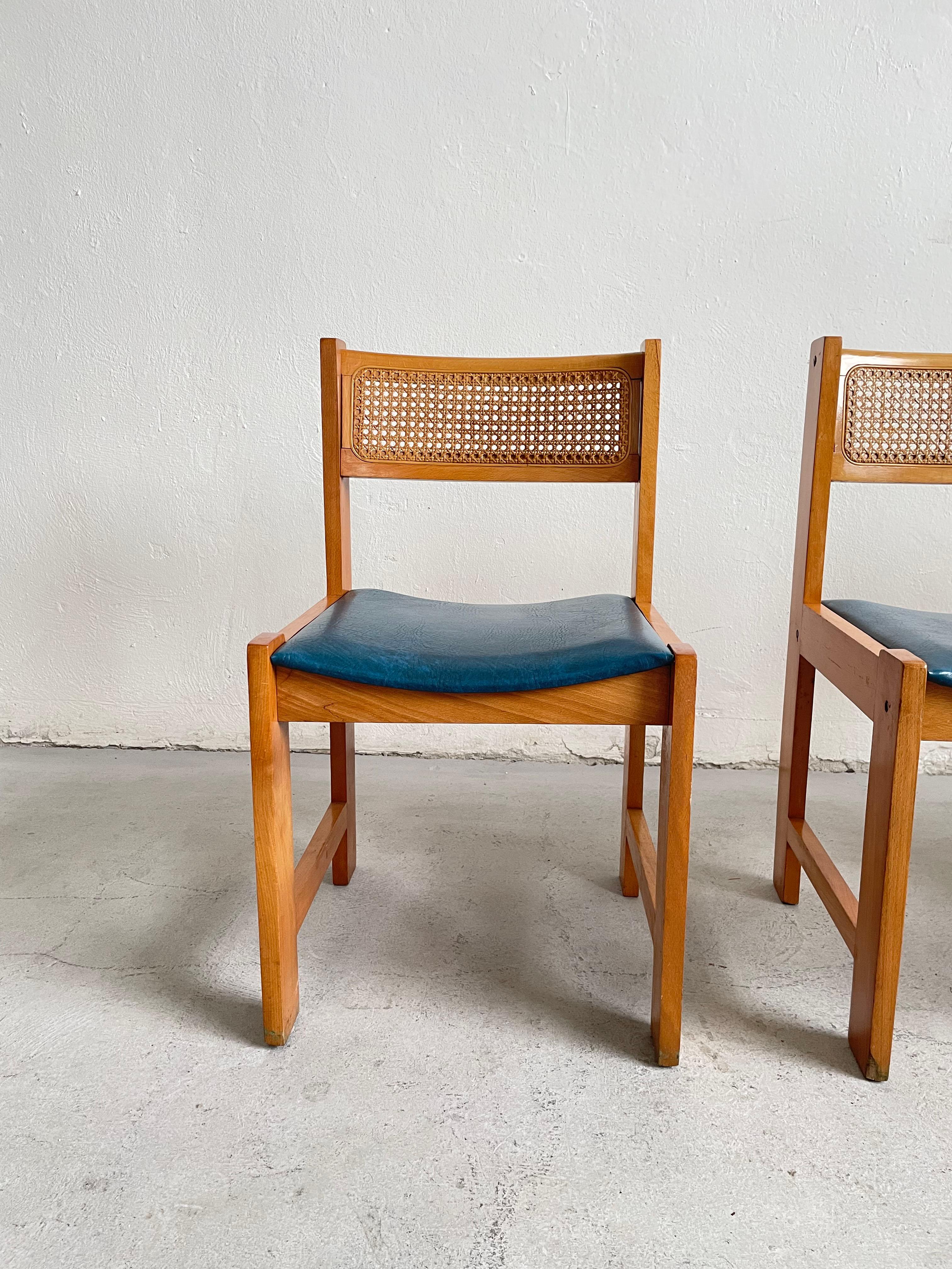 Set of 6 Mid-Century Cane Rattan and Vinyl Wooden Dining Chairs, 1960s 1970s 6