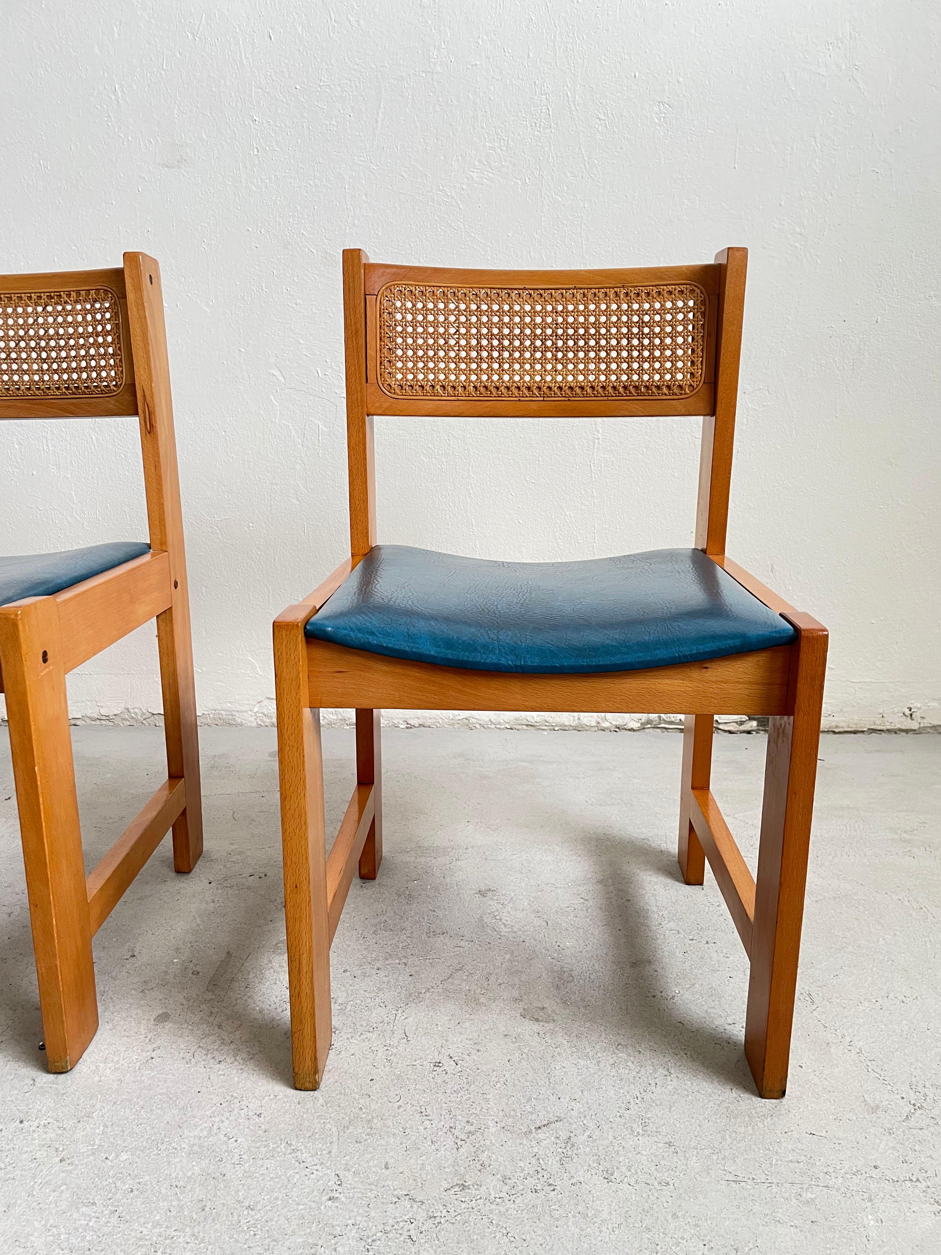Set of 6 Mid-Century Cane Rattan and Vinyl Wooden Dining Chairs, 1960s 1970s 7