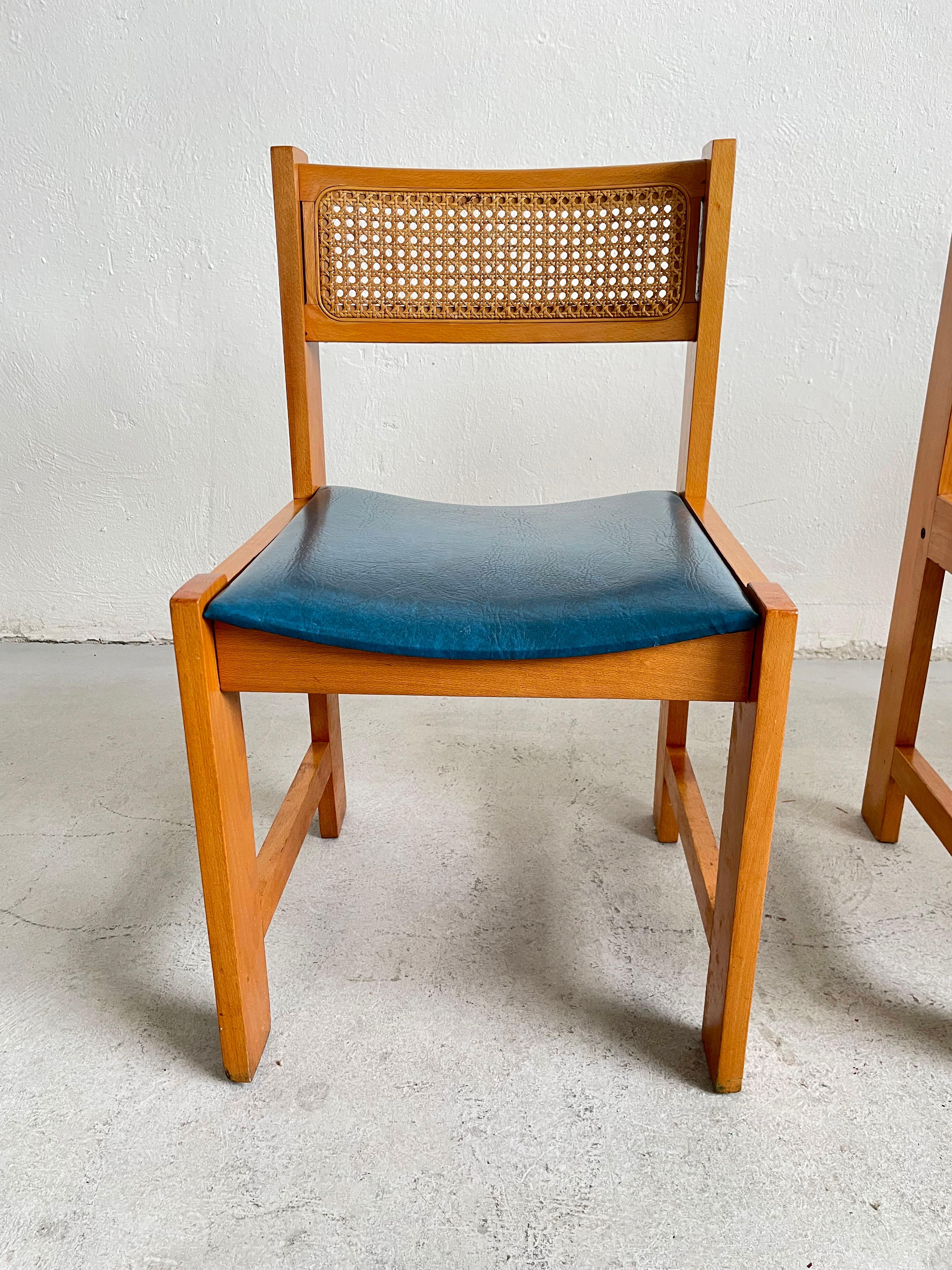 Set of 6 Mid-Century Cane Rattan and Vinyl Wooden Dining Chairs, 1960s 1970s 8