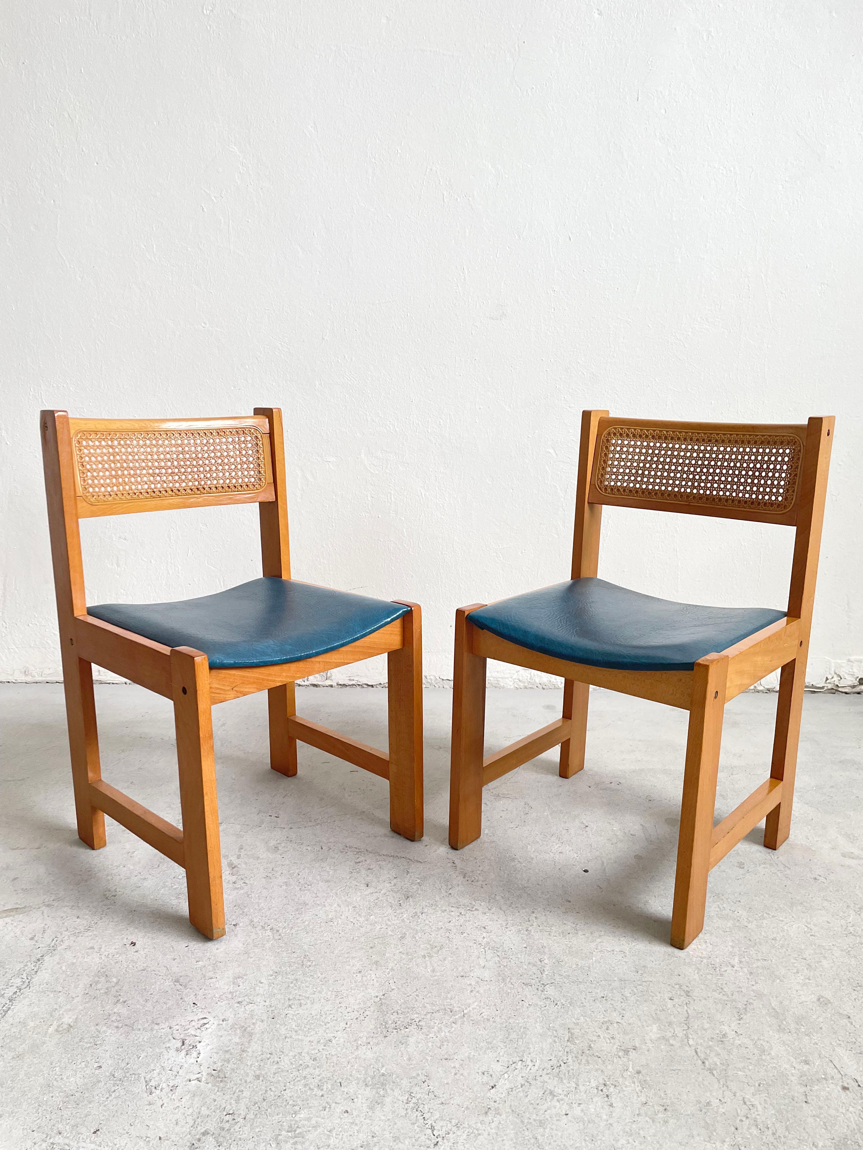 Set of 6 Mid-Century Cane Rattan and Vinyl Wooden Dining Chairs, 1960s 1970s 10