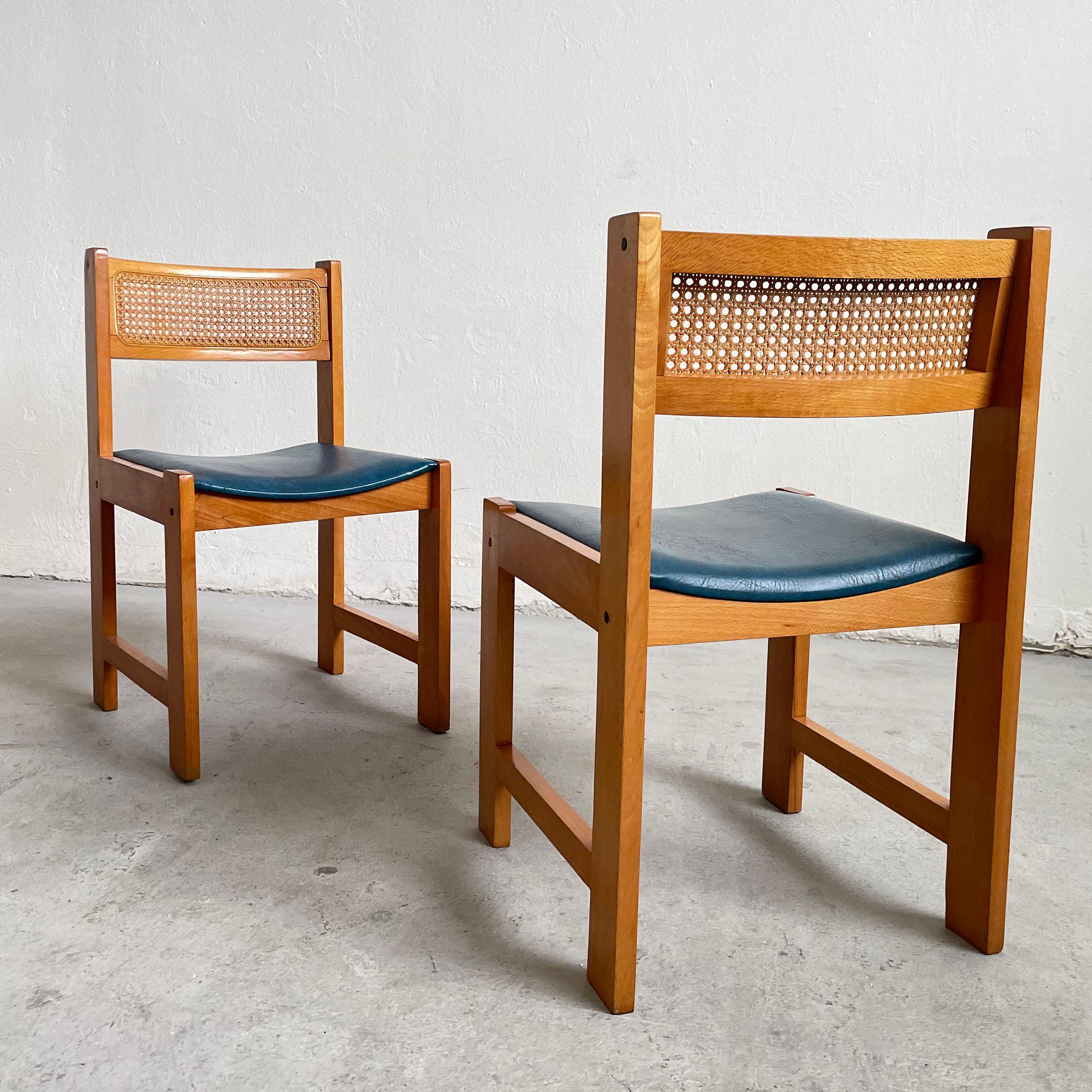 Set of 6 Mid-Century Cane Rattan and Vinyl Wooden Dining Chairs, 1960s 1970s 11