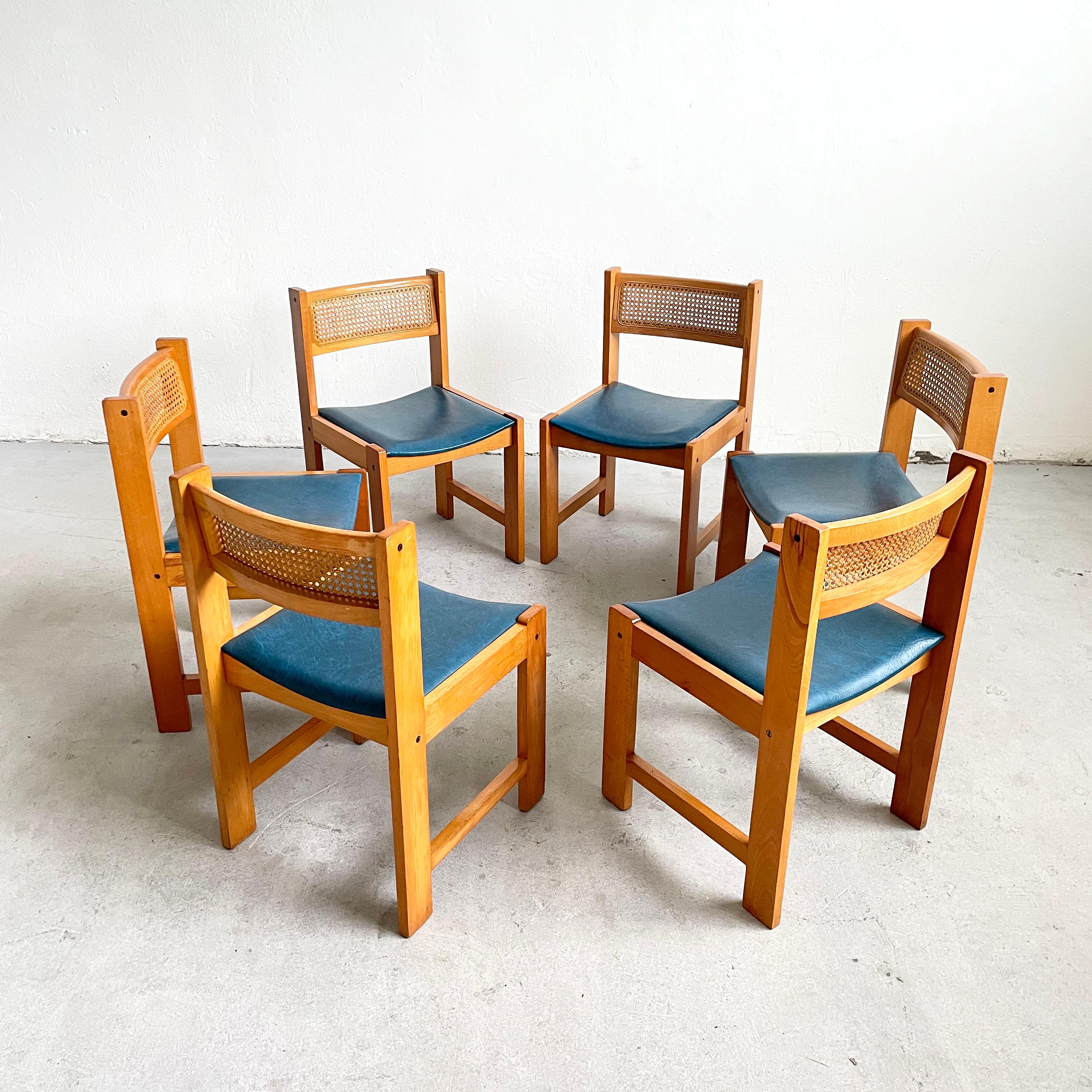 Mid-Century Modern Set of 6 Mid-Century Cane Rattan and Vinyl Wooden Dining Chairs, 1960s 1970s