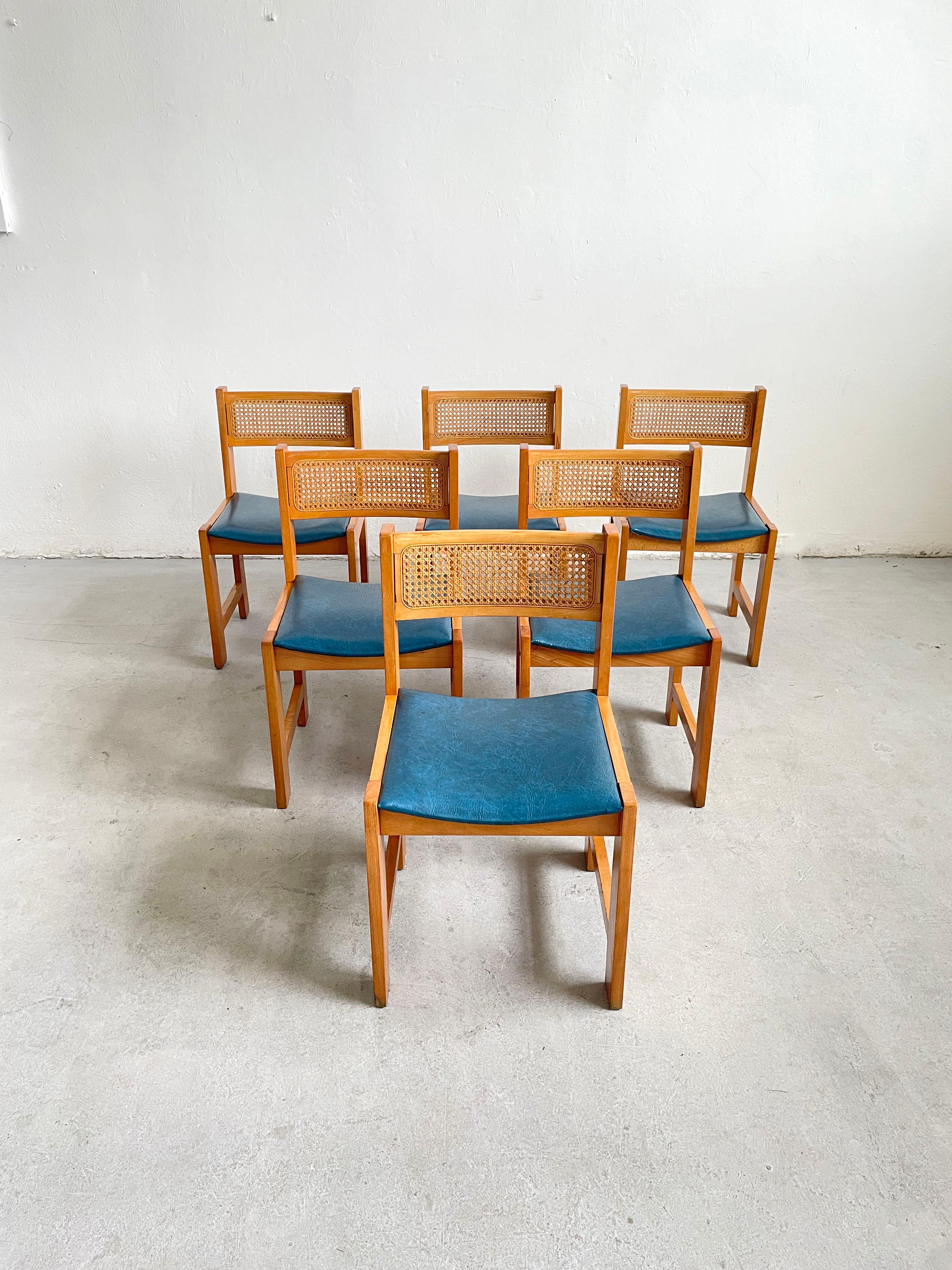 Varnished Set of 6 Mid-Century Cane Rattan and Vinyl Wooden Dining Chairs, 1960s 1970s