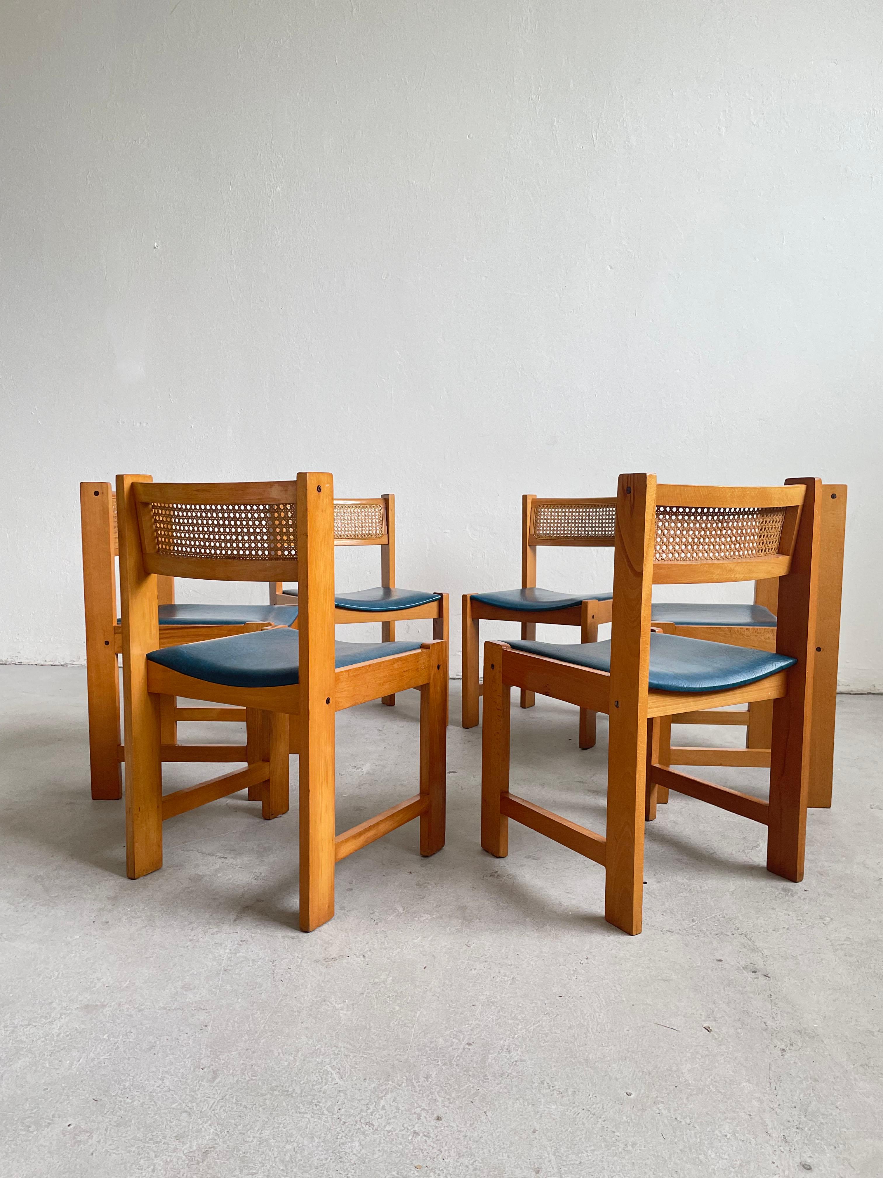 Set of 6 Mid-Century Cane Rattan and Vinyl Wooden Dining Chairs, 1960s 1970s In Good Condition In Zagreb, HR