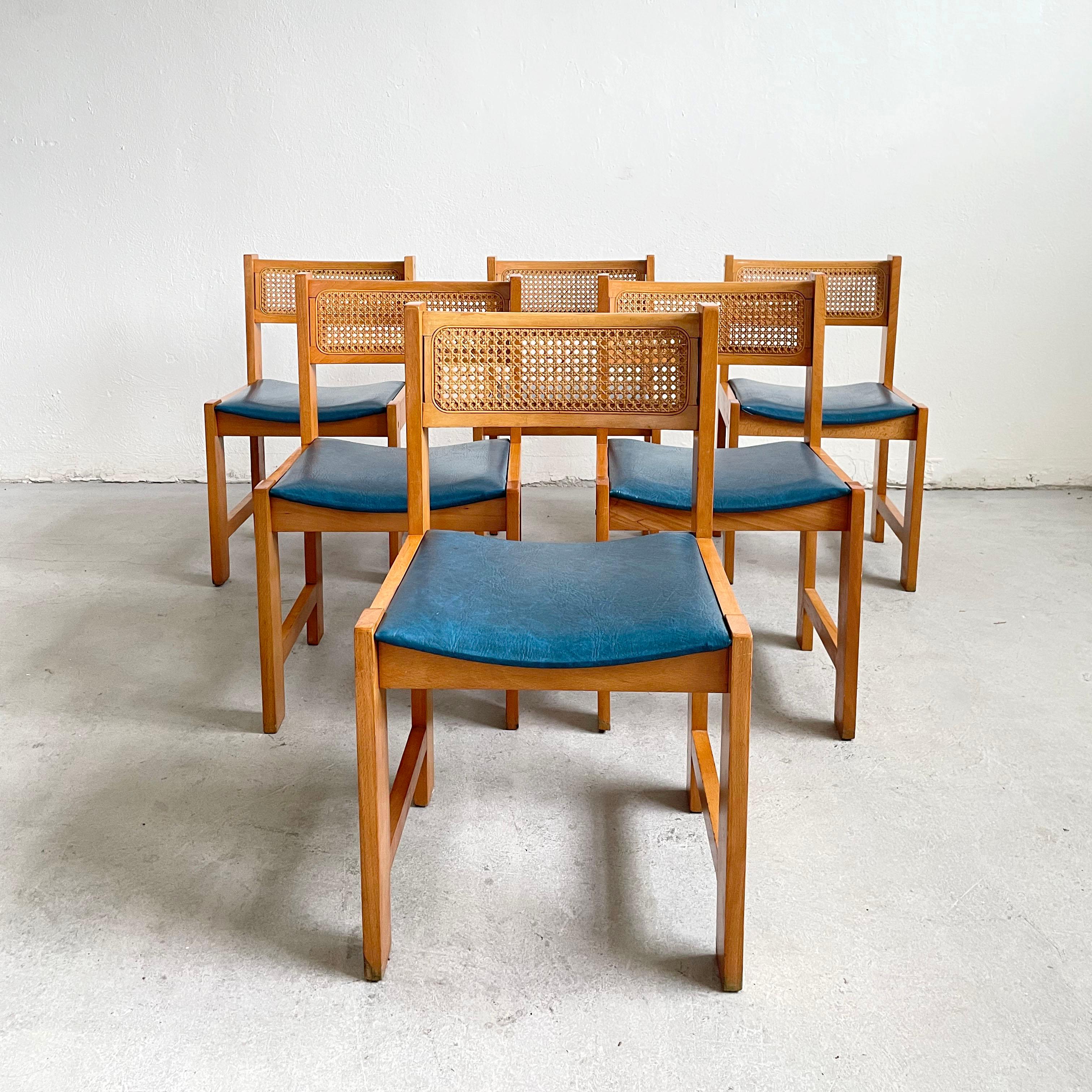20th Century Set of 6 Mid-Century Cane Rattan and Vinyl Wooden Dining Chairs, 1960s 1970s