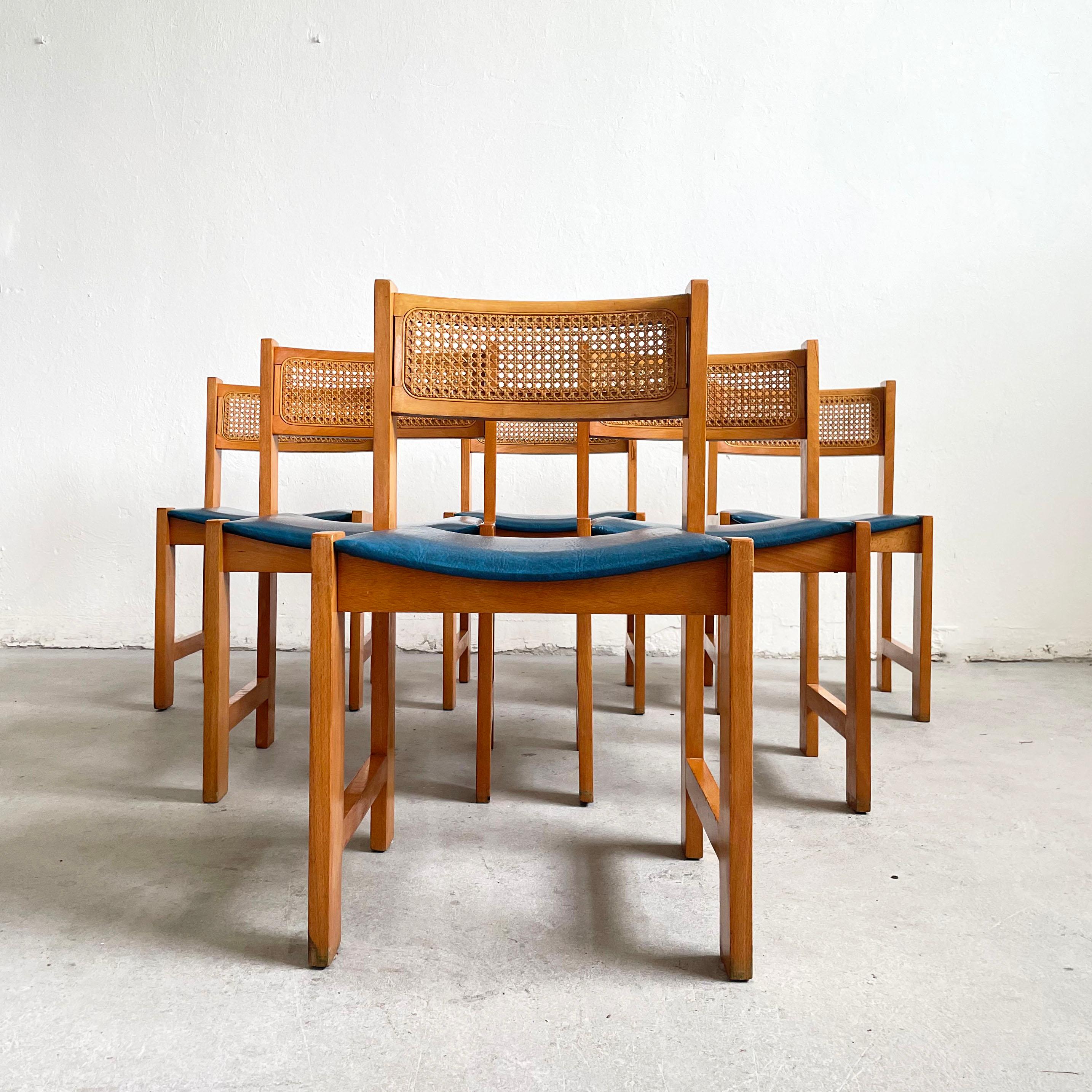 Faux Leather Set of 6 Mid-Century Cane Rattan and Vinyl Wooden Dining Chairs, 1960s 1970s