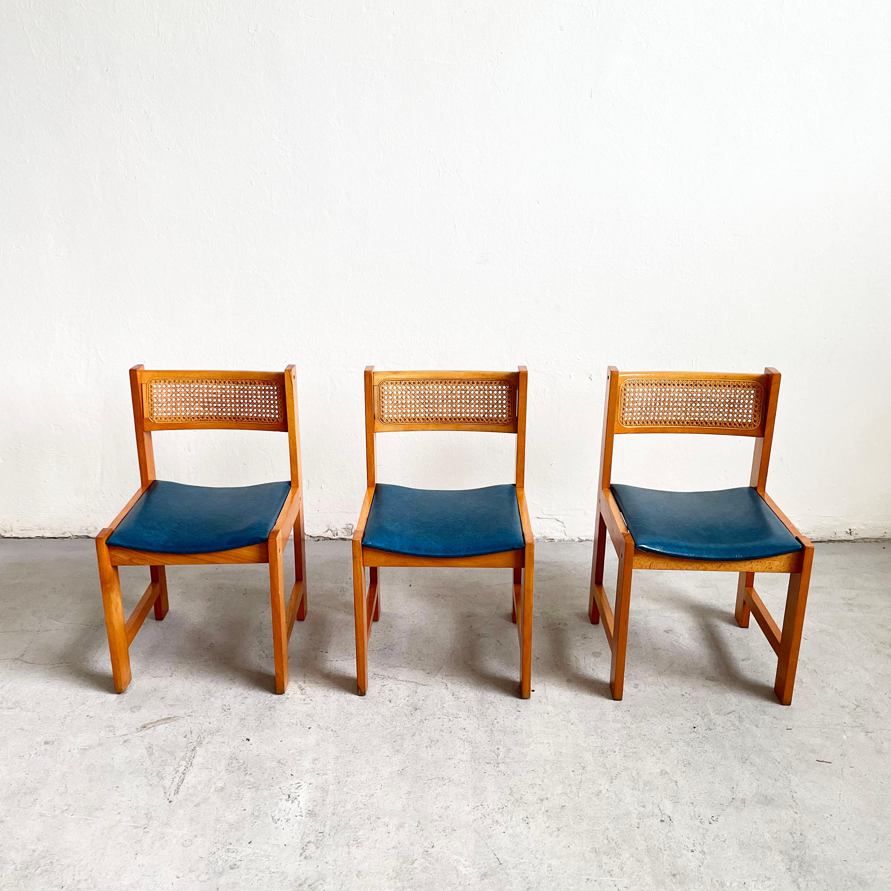 Set of 6 Mid-Century Cane Rattan and Vinyl Wooden Dining Chairs, 1960s 1970s 1