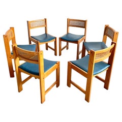 Set of 6 Mid-Century Cane Rattan and Vinyl Wooden Dining Chairs, 1960s 1970s