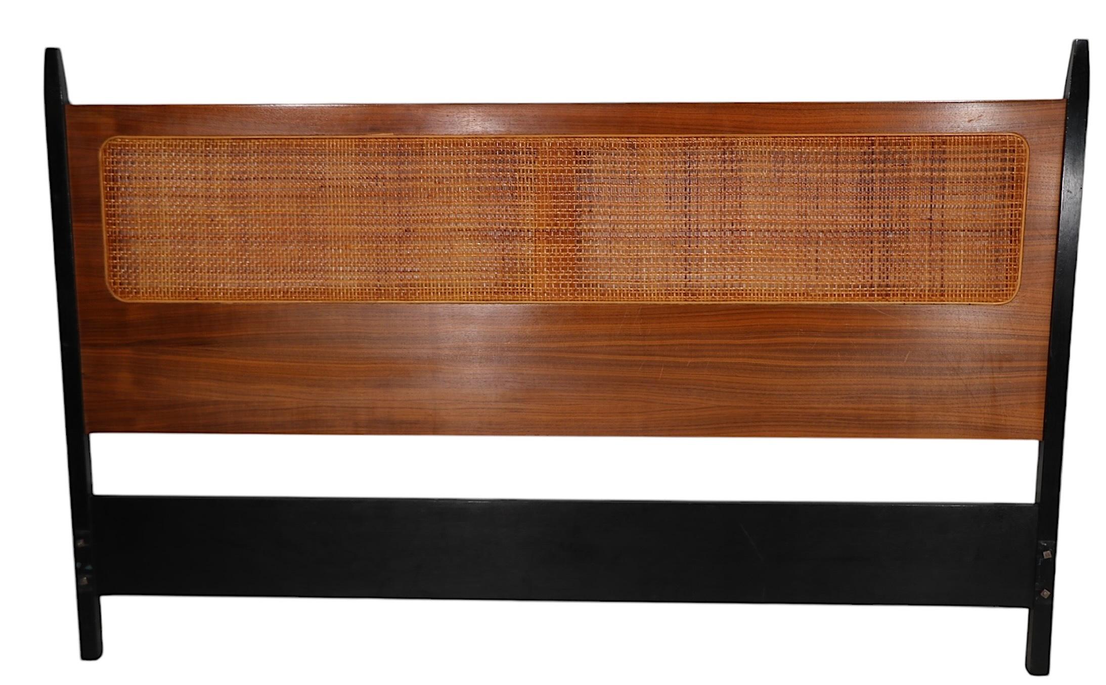 American Mid Century Cane Walnut and Black Full Size Headboard att. to Baughman For Sale