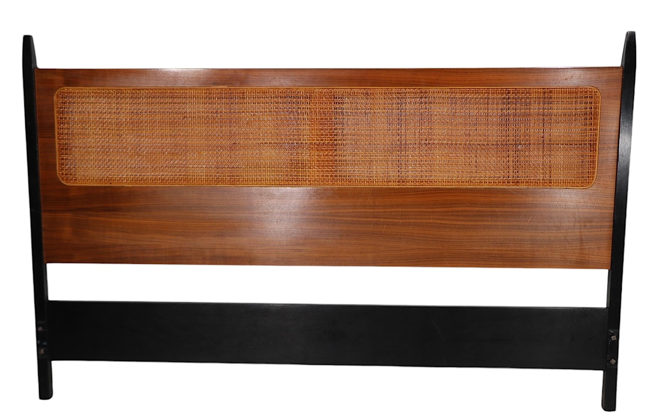Mid Century Cane Walnut and Black Full Size Headboard att. to Baughman In Good Condition For Sale In New York, NY