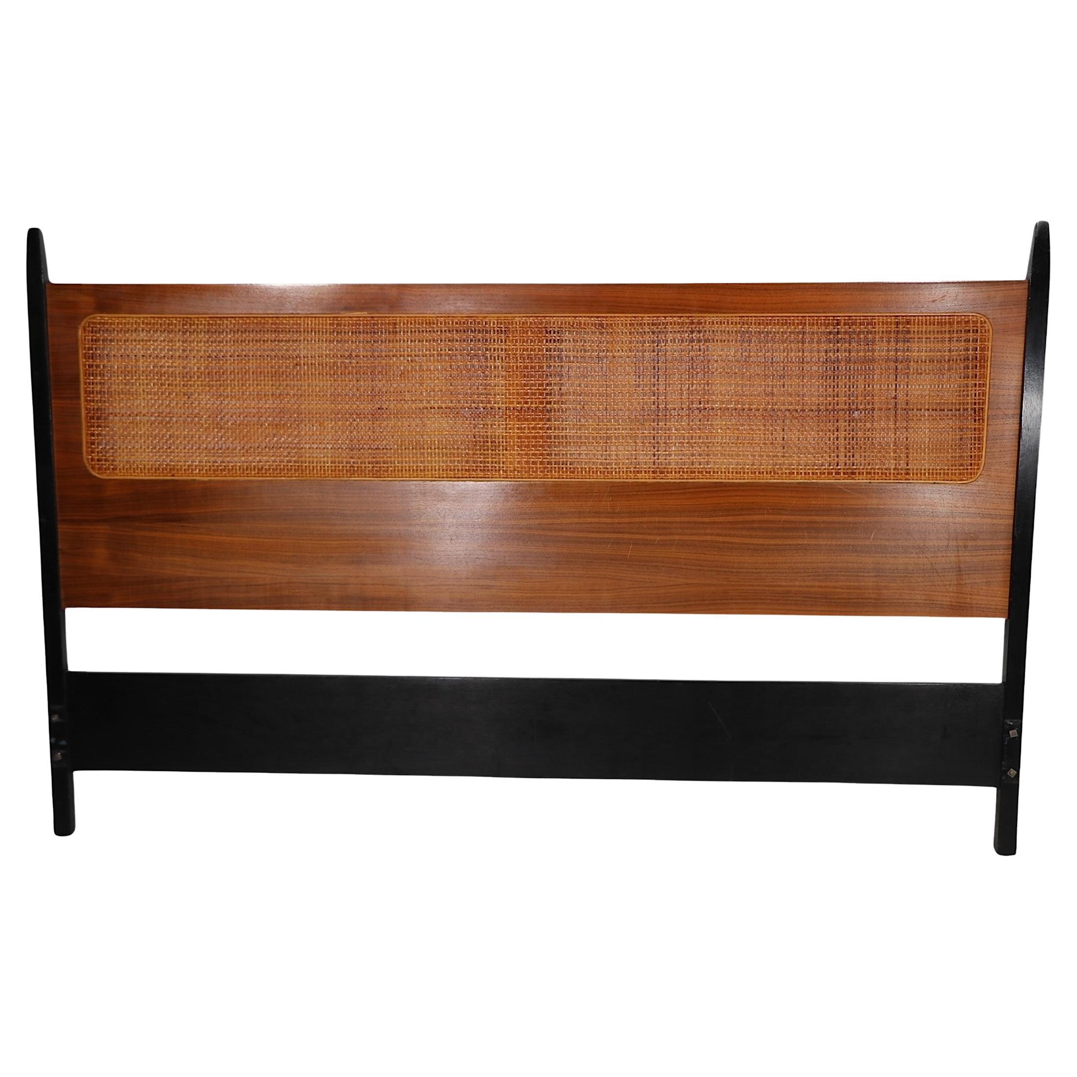Mid Century Cane Walnut and Black Full Size Headboard att. to Baughman For Sale