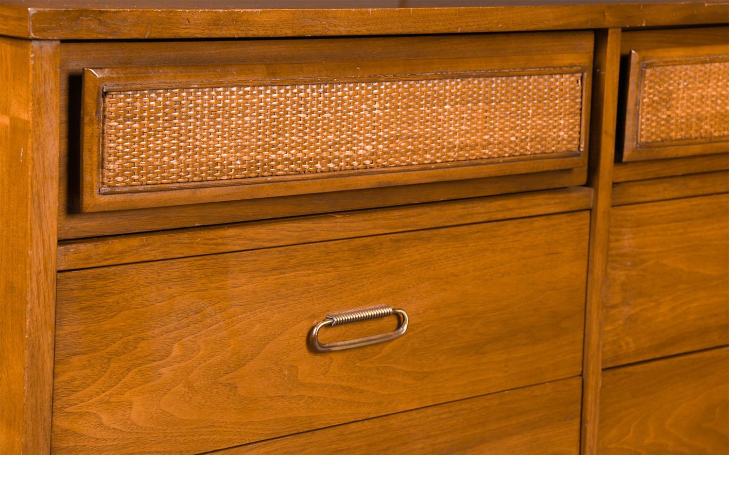 Mid Century Cane Walnut Brass Long Triple Dresser In Good Condition In Baltimore, MD