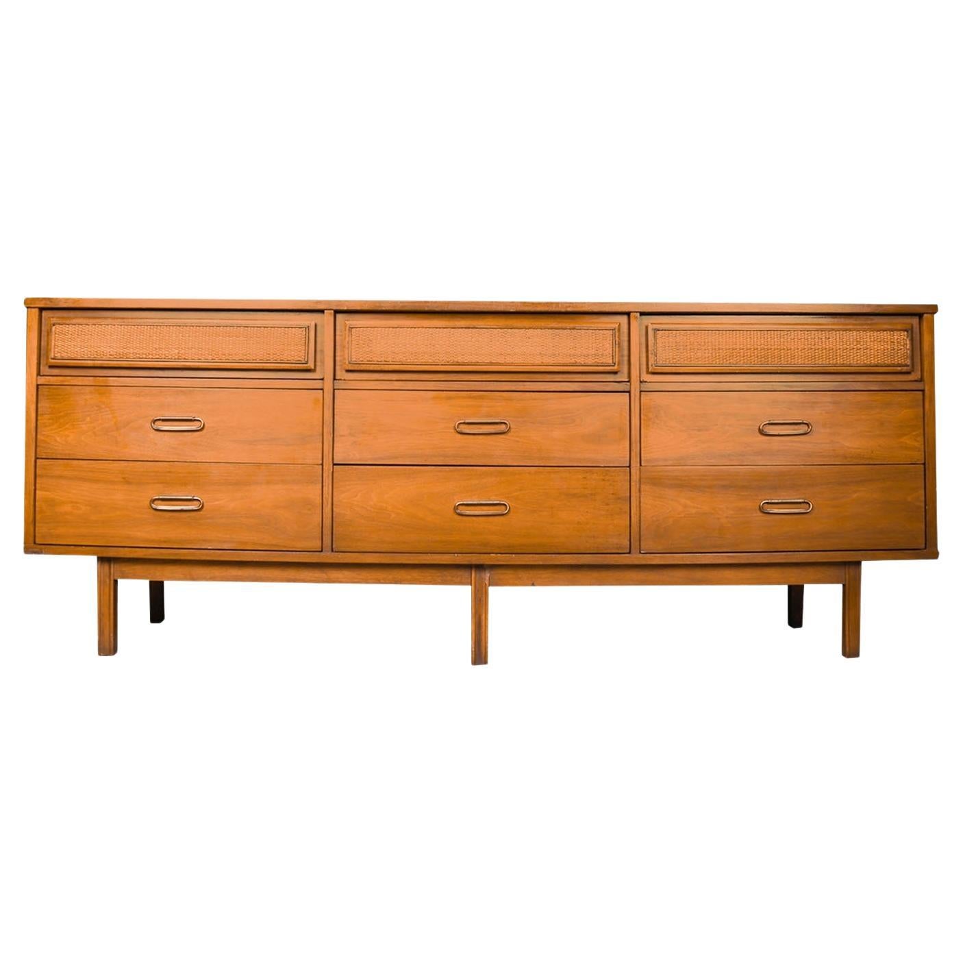 Mid Century Cane Walnut Brass Long Triple Dresser