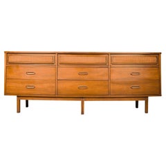 Vintage Mid Century Cane Walnut Brass Long Triple Dresser