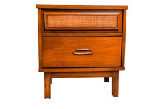 Mid Century Cane Walnut Brass Nightstand End Table