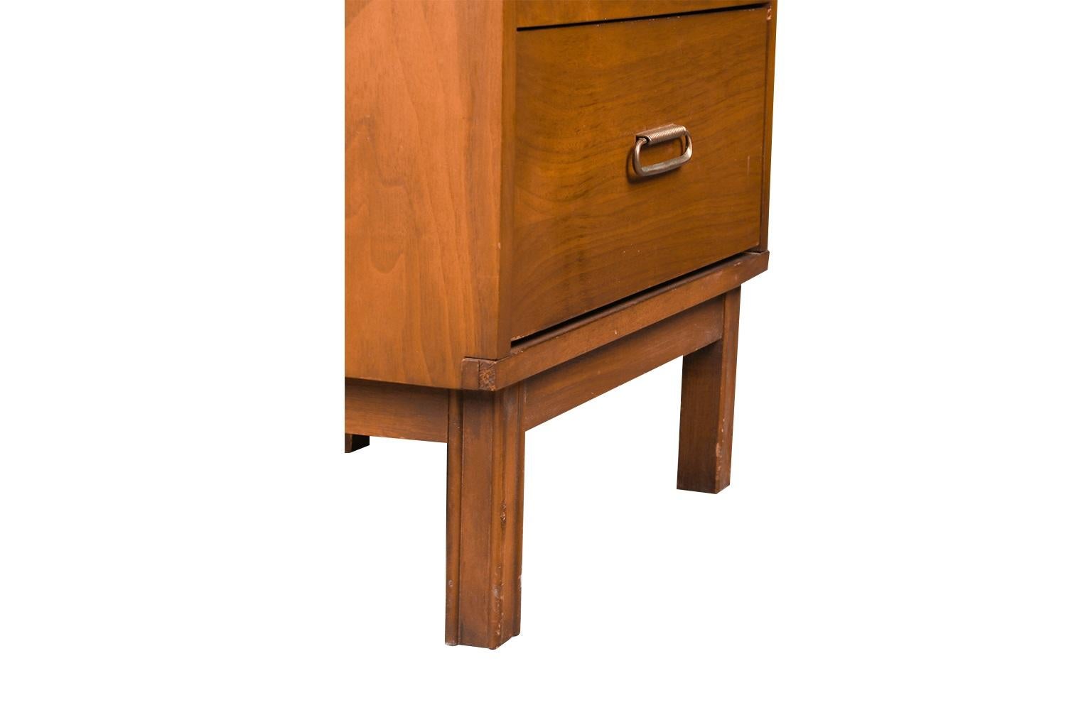 Late 20th Century Mid Century Cane Walnut Brass Nightstand End Table For Sale