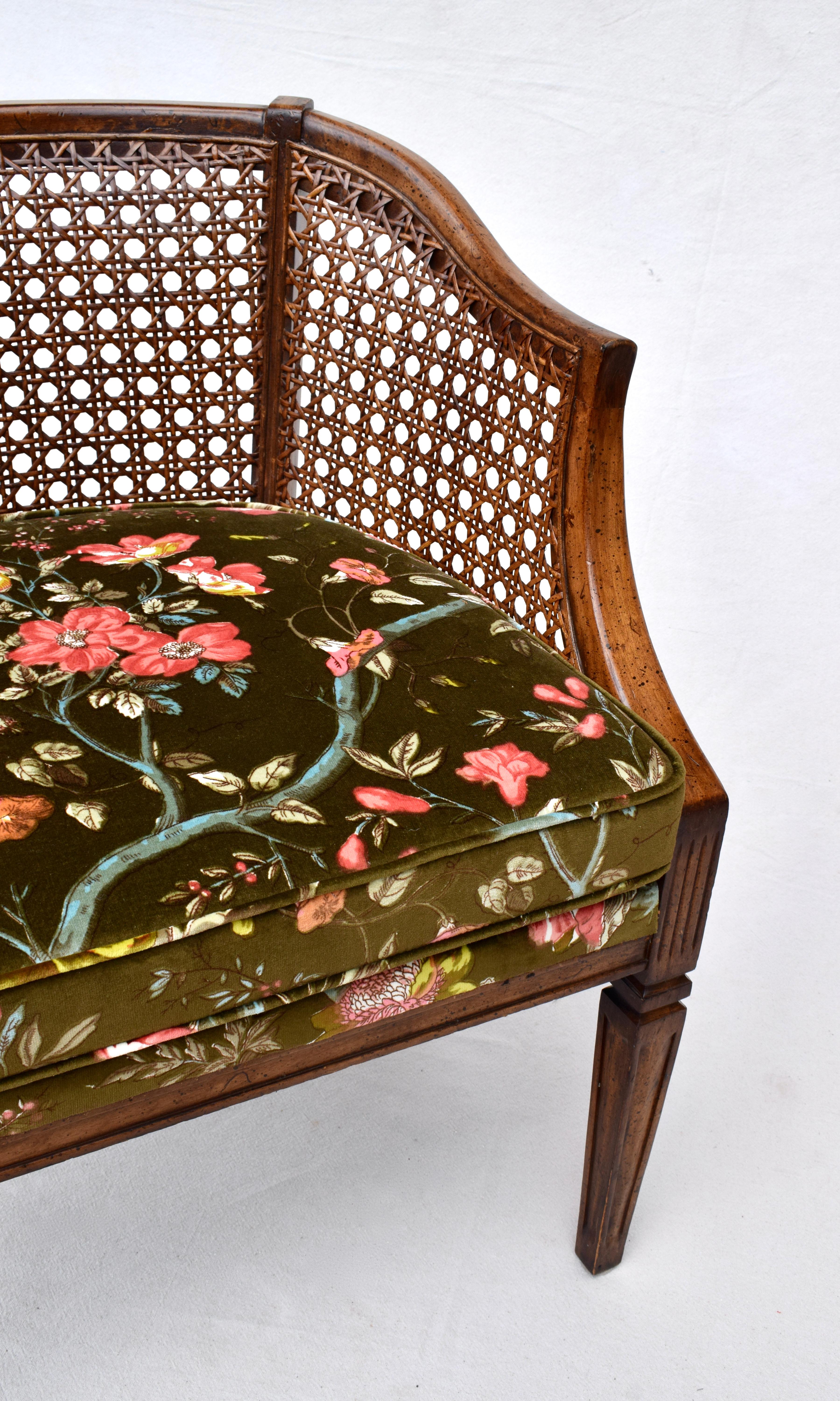 Mid Century Caned Barrel Back Arm Chair in Brunschwig & Fils Floral Velvet 1