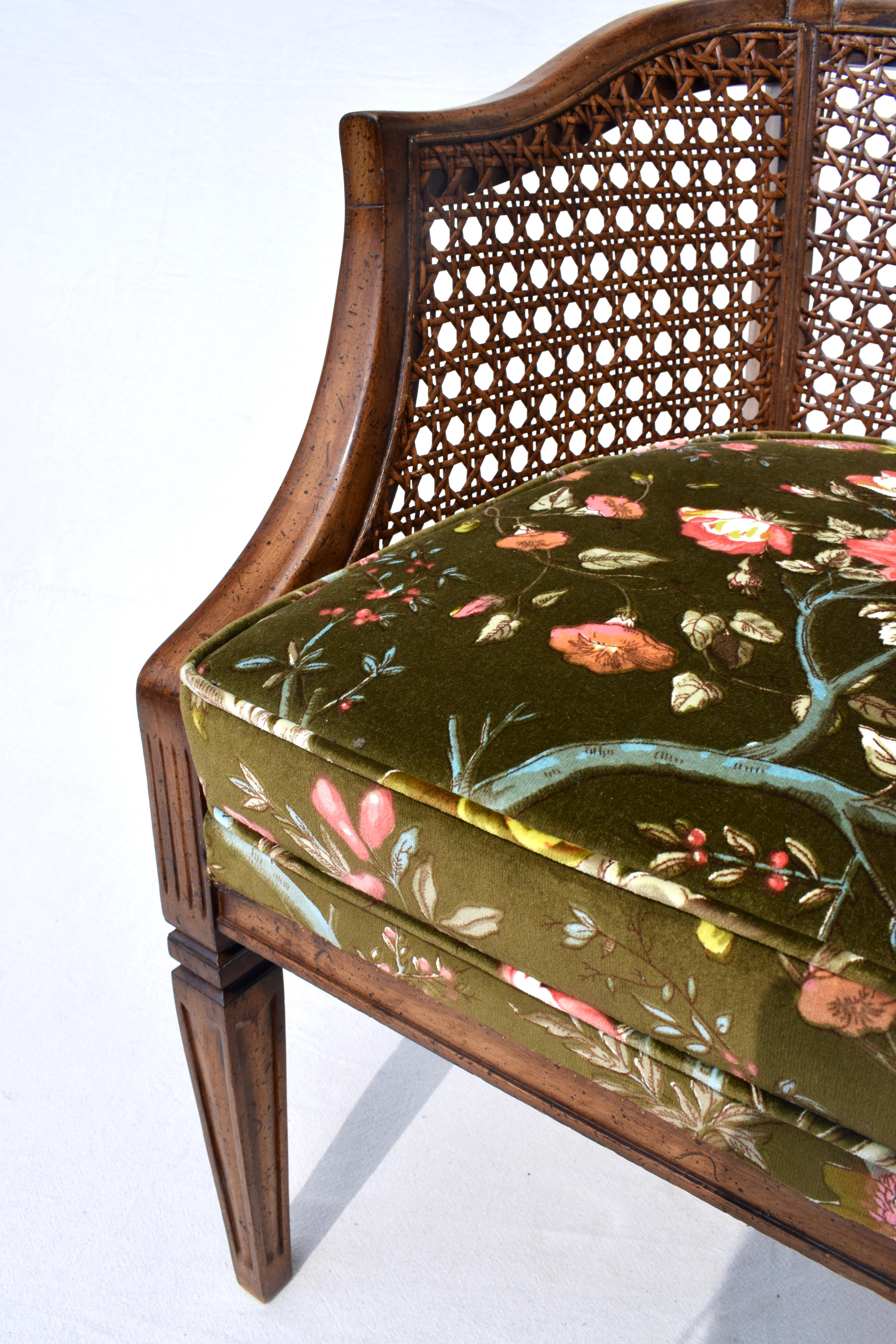 Mid Century Caned Barrel Back Arm Chair in Brunschwig & Fils Floral Velvet 2
