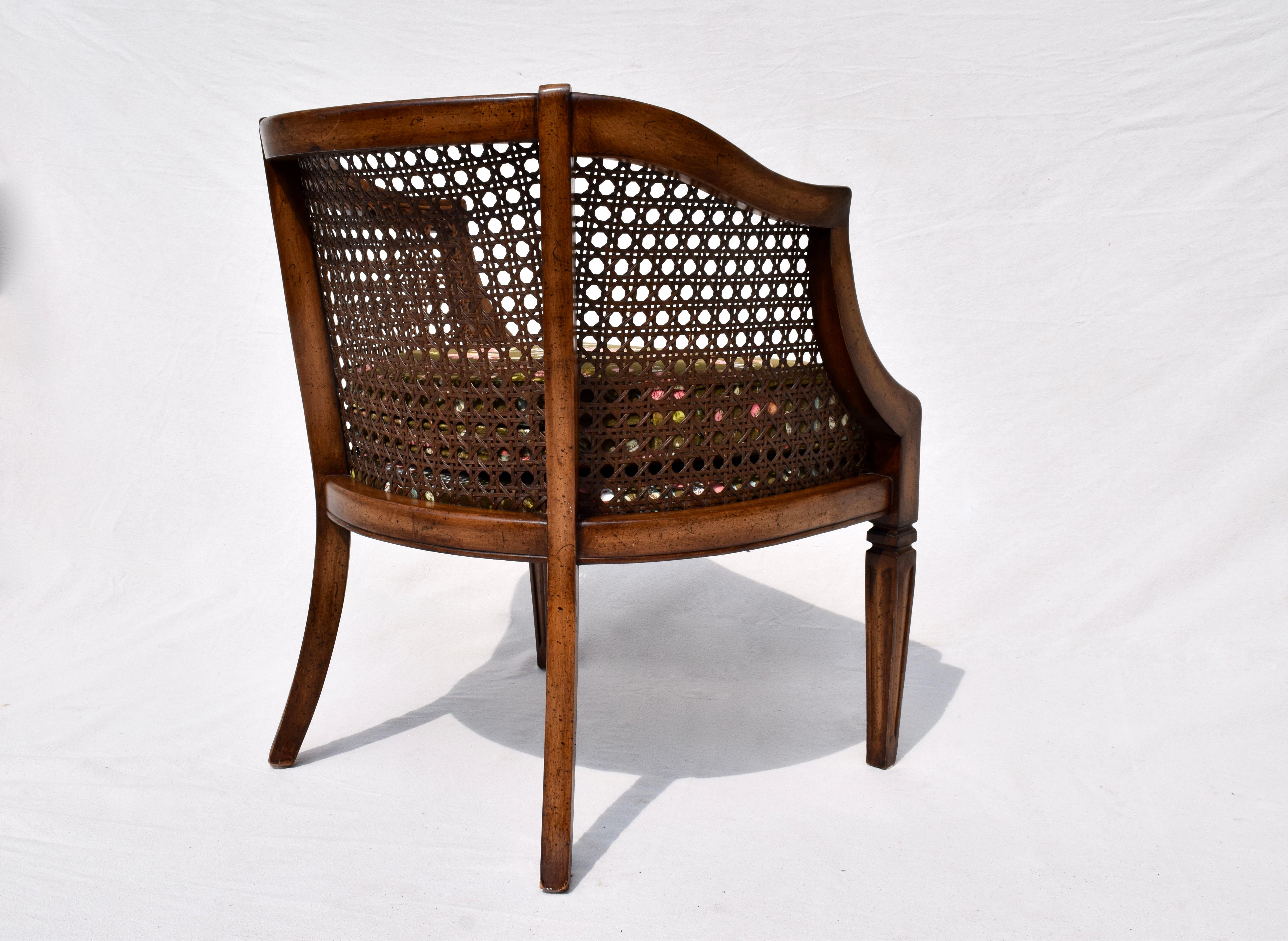 Directoire Mid Century Caned Barrel Back Arm Chair in Brunschwig & Fils Floral Velvet