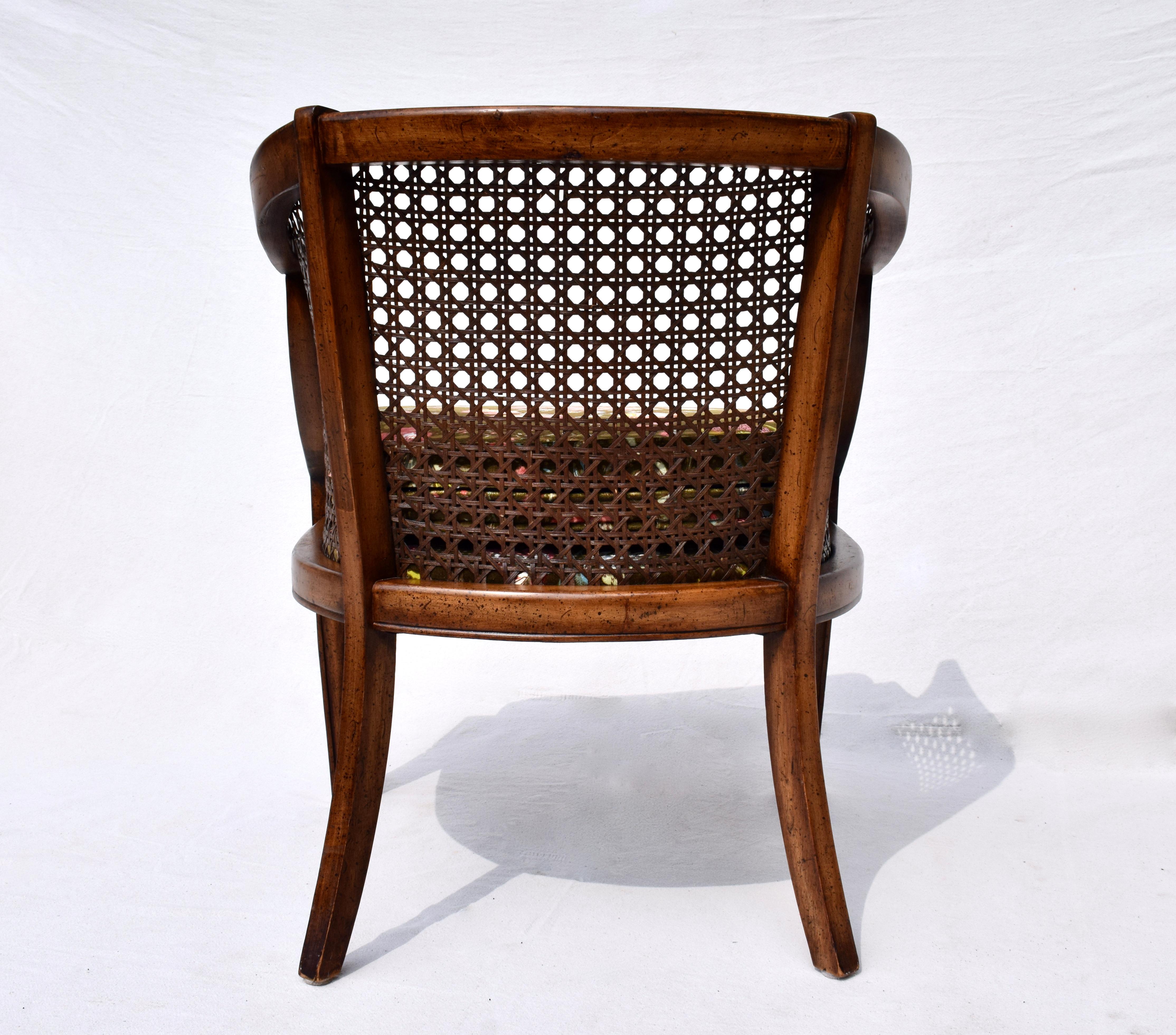 American Mid Century Caned Barrel Back Arm Chair in Brunschwig & Fils Floral Velvet