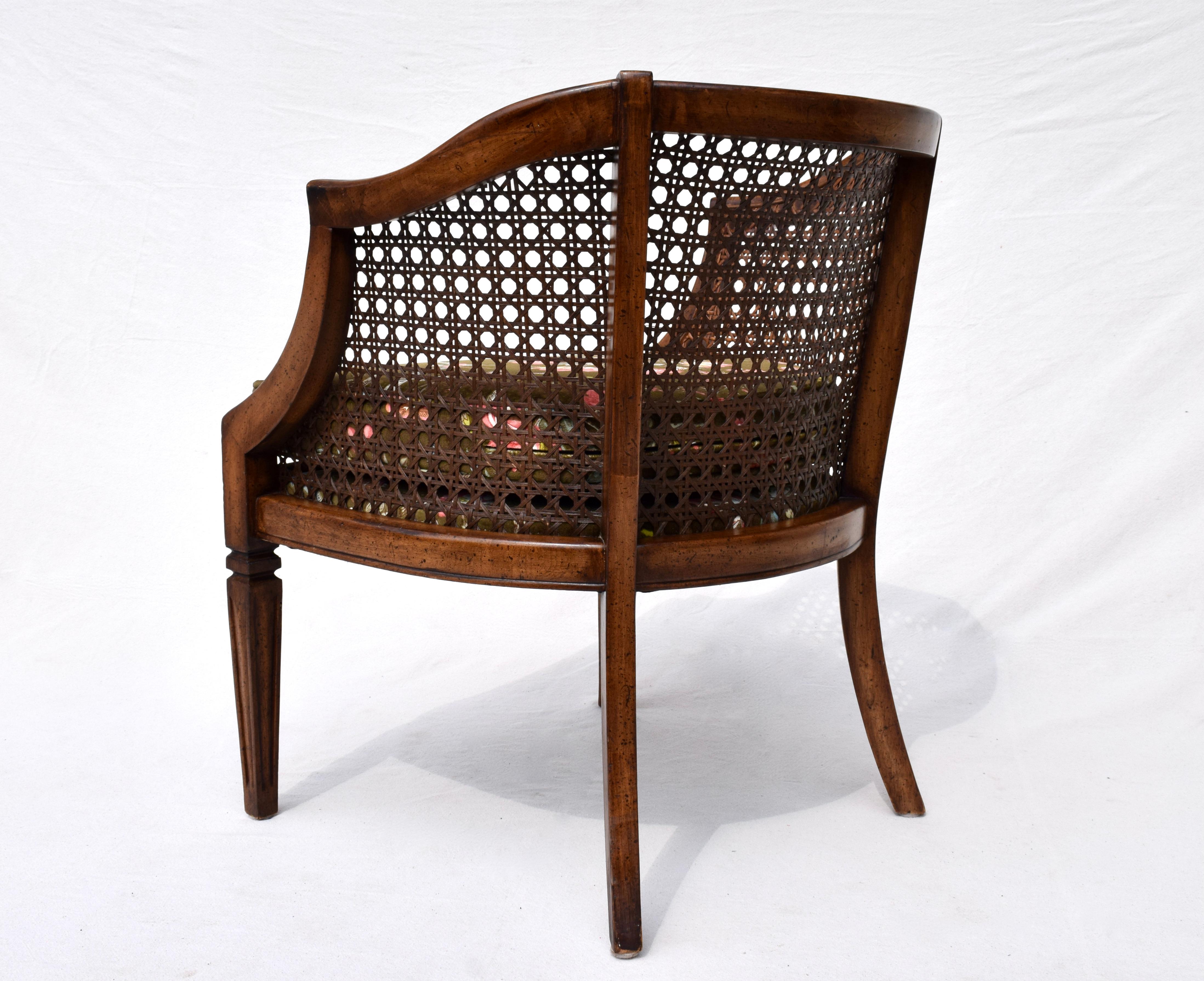Mid Century Caned Barrel Back Arm Chair in Brunschwig & Fils Floral Velvet In Excellent Condition In Southampton, NJ