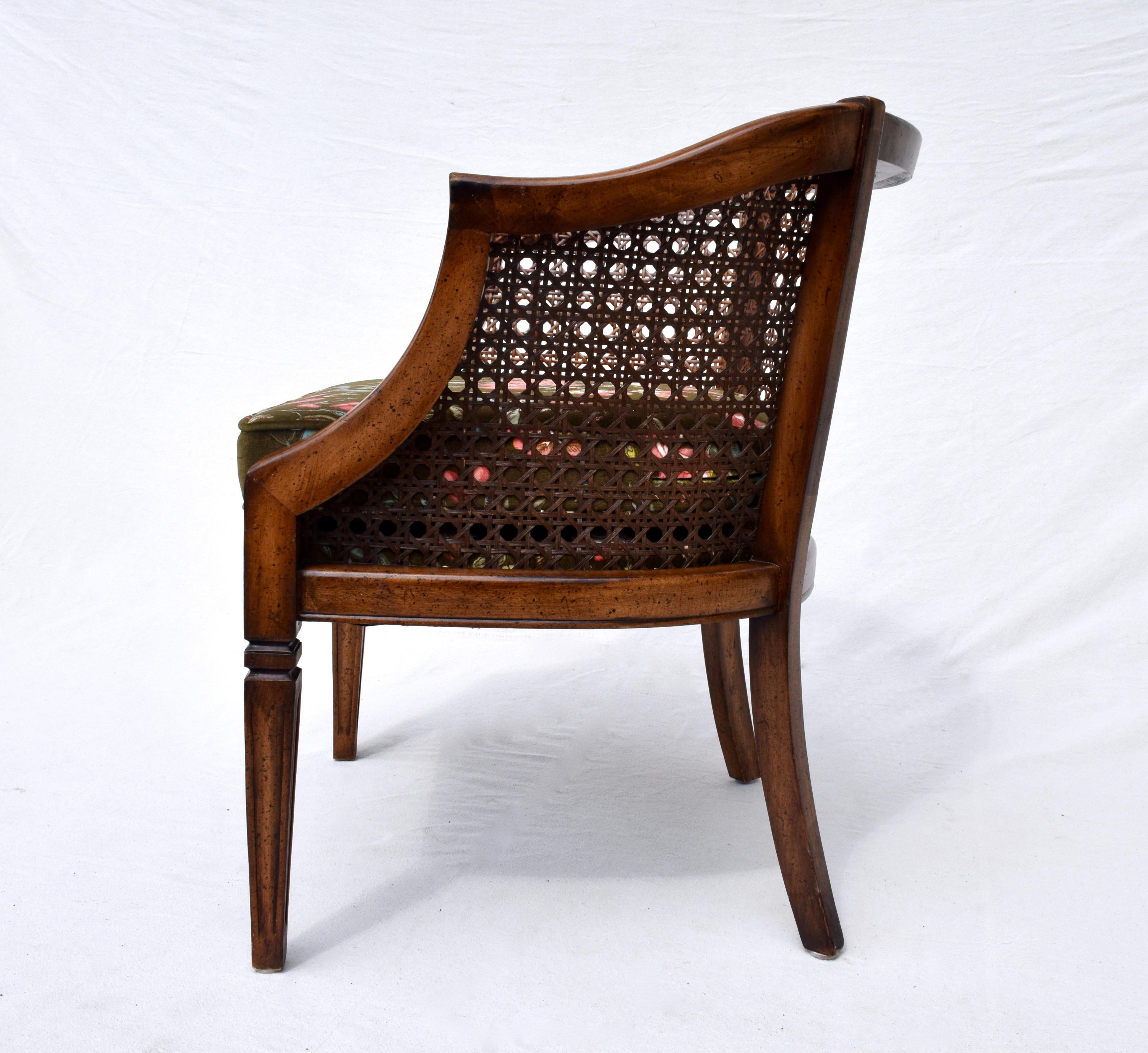 Late 20th Century Mid Century Caned Barrel Back Arm Chair in Brunschwig & Fils Floral Velvet