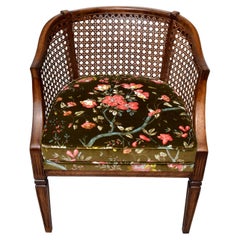 Used Mid Century Caned Barrel Back Arm Chair in Brunschwig & Fils Floral Velvet