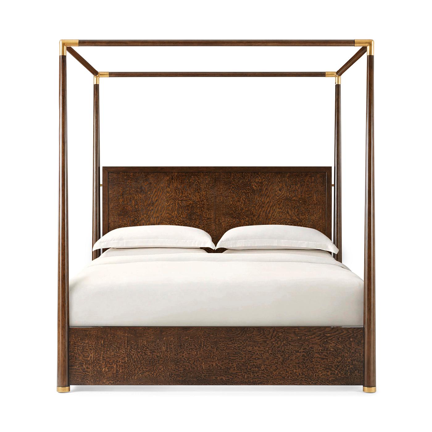 This stunning piece features graceful curves and a rich polished ash veneer, offering timeless elegance to your bedroom.

The sleek, minimalist canopy frame in Pyramid Brown adds a touch of sophistication, while the satin brass finish enhances its
