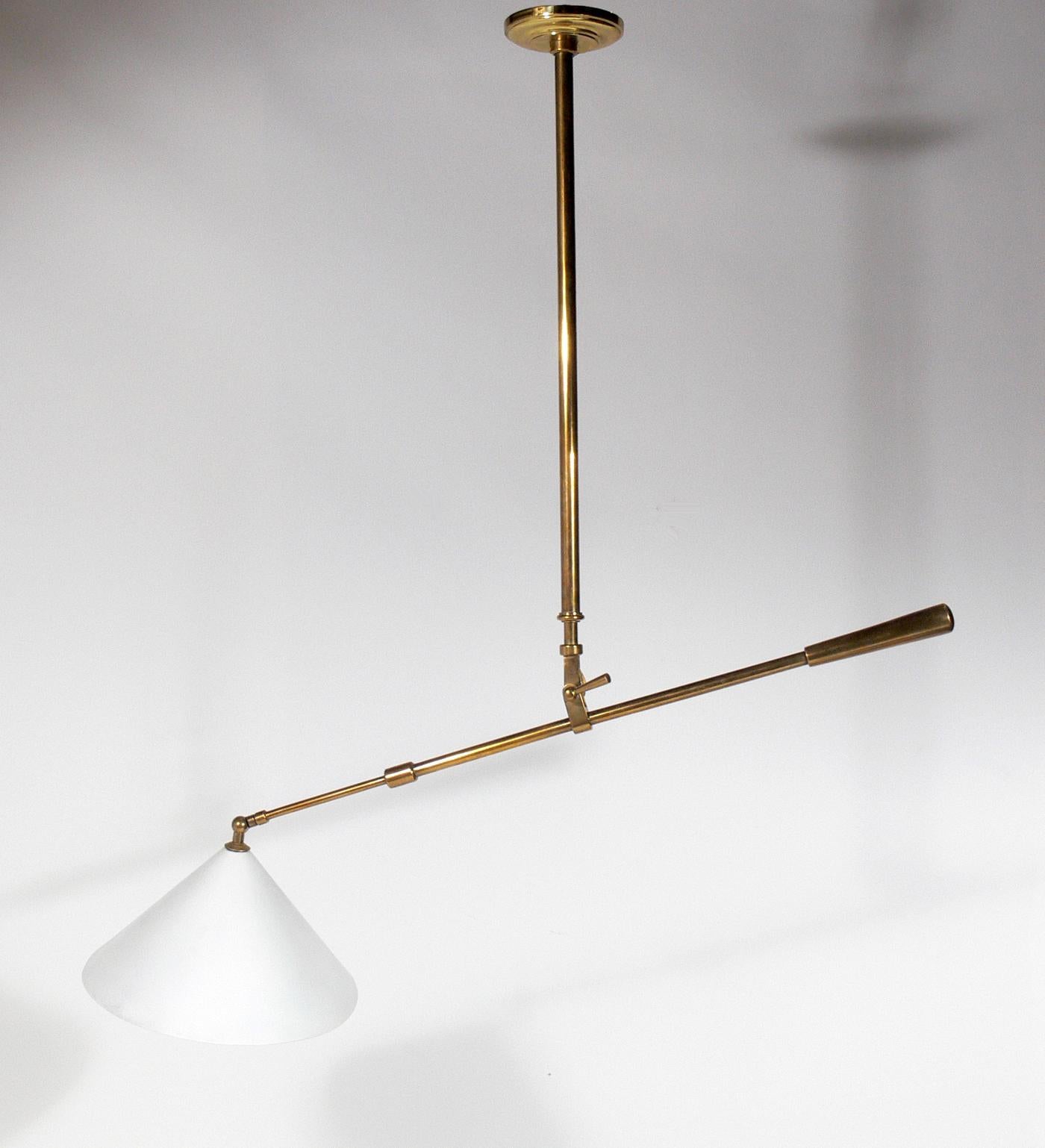 Midcentury cantilevered chandelier, probably European, circa 1970s. Perfect for over a dining table or bar. It is adjustable at the center of the arm and at the shade to angle the light right where you need it. The height is also adjustable. As seen