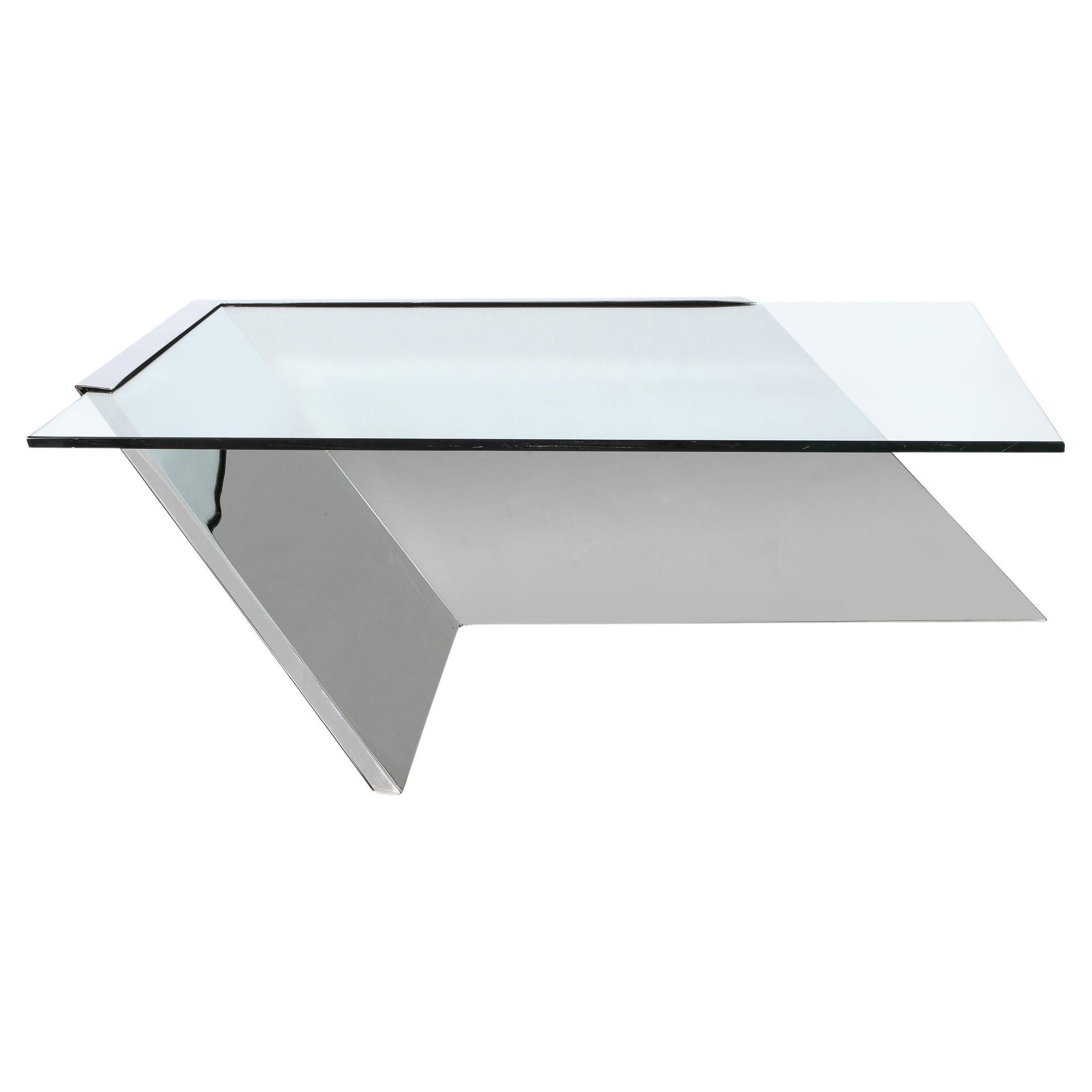 Mid-Century Cantilevered Chrome & Glass Coffee Table by J. Wade Beam for Brueton For Sale