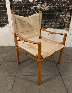 Mid century Canvas leather Oak Safari sling lounge chair