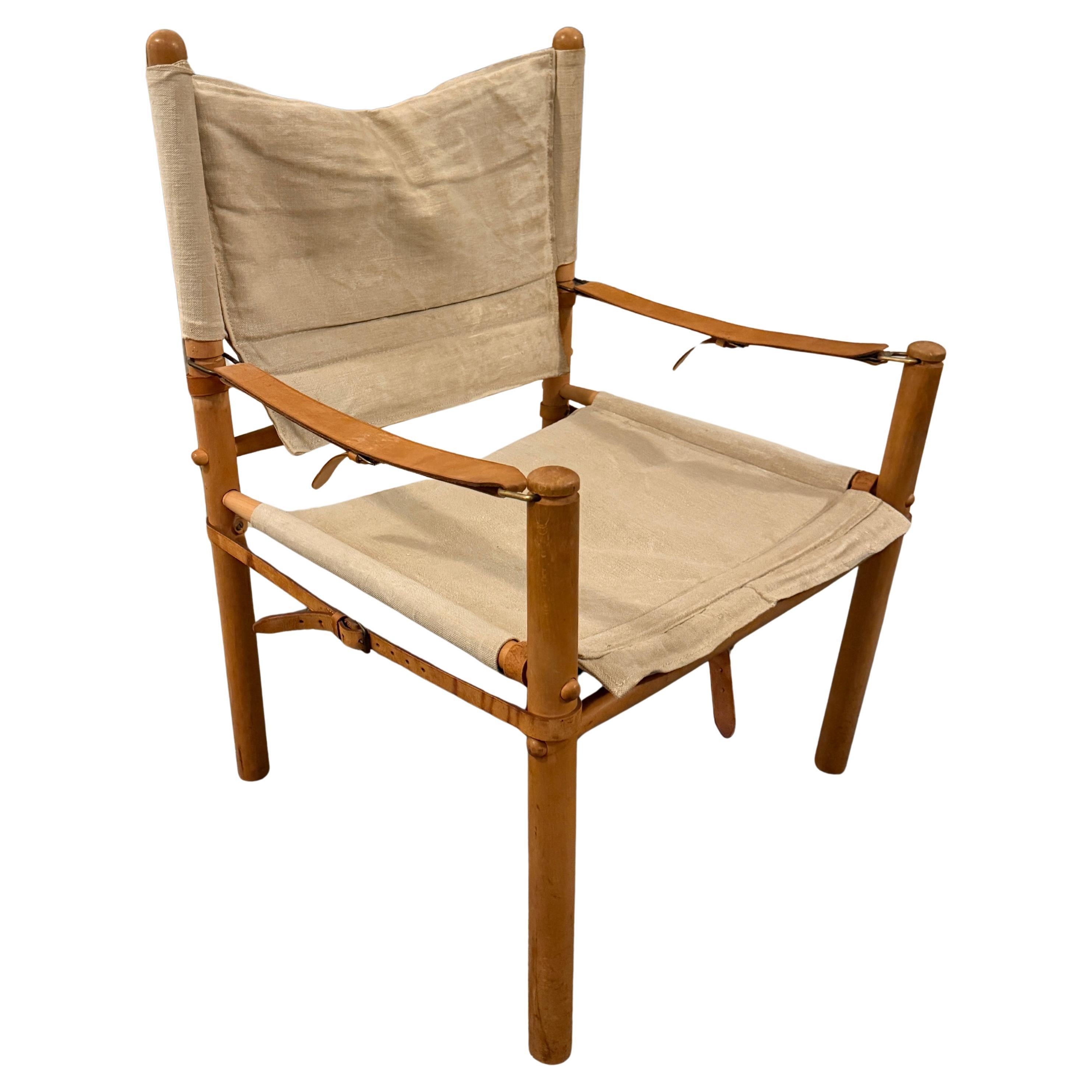 Mid century Canvas Leder Oak Safari sling lounge chair im Angebot