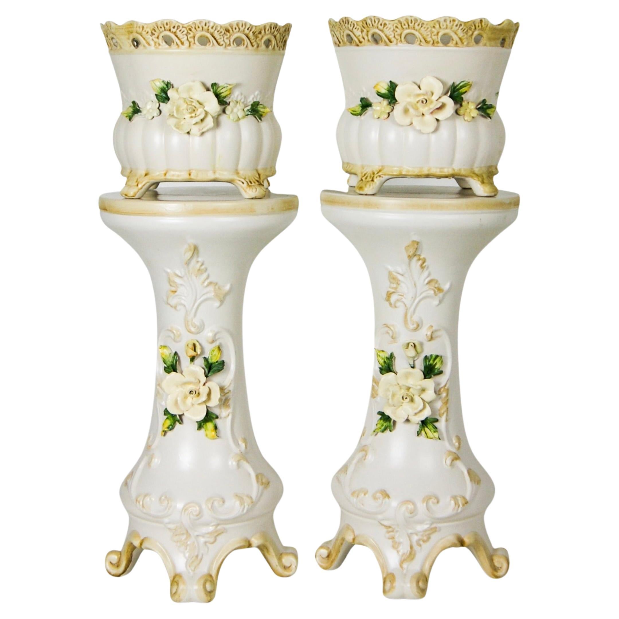 Mid-Century Capo Di Monte Italy Pair of Jardinières on Pedestal Stands For Sale