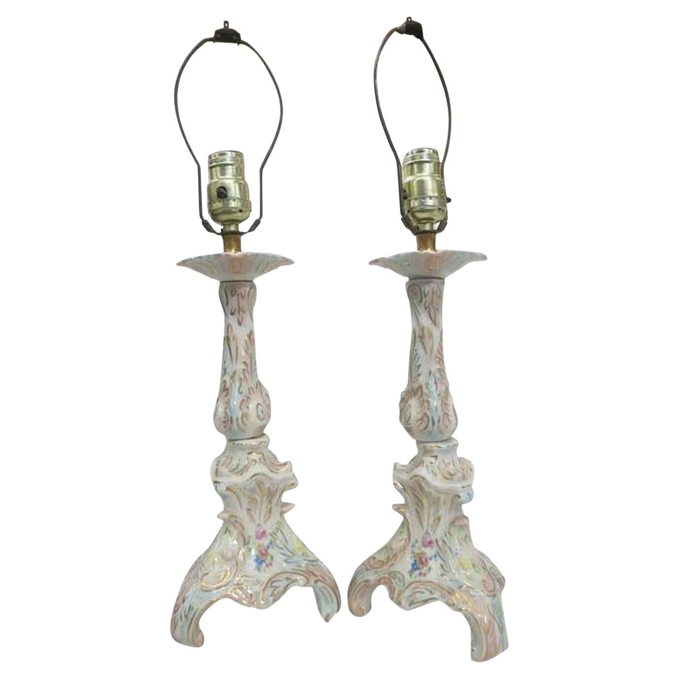 Mid-century Capodimonte Style Italian Ceramic Floral Table Lamp, Pair