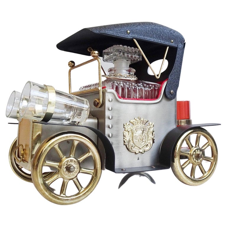 MidCentury Car Shaped Music Box with Decanter and Glasses, Licquor Set