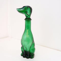 Mid-Century Carafe Green embossed Glass Empoli Dachshund Decanter - 1960's Italy