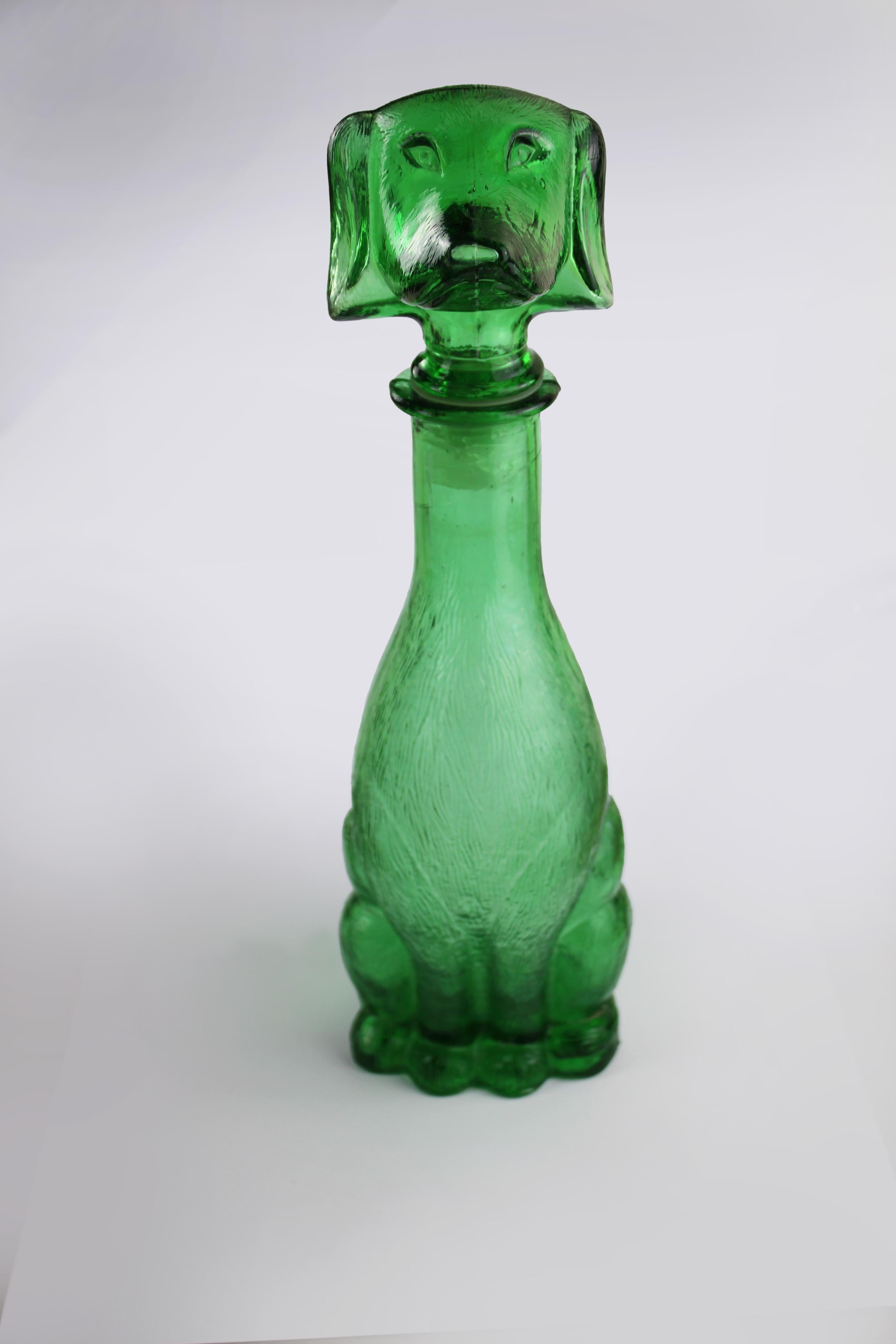Mid-Century Modern Mid Century Carafe Green embossed Glass Empoli Dachshund Decanter 1960's Italy
