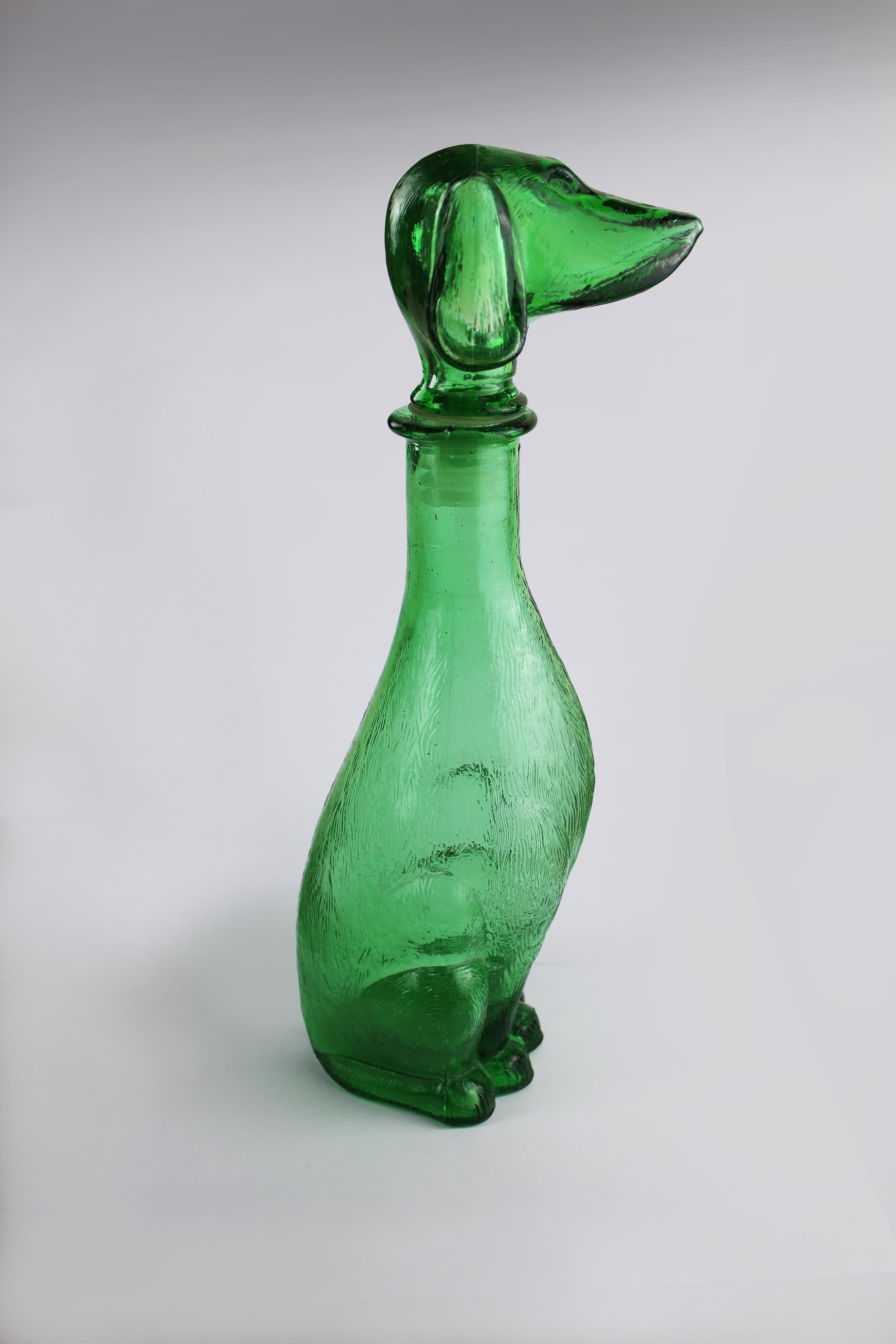 Italian Mid Century Carafe Green embossed Glass Empoli Dachshund Decanter 1960's Italy