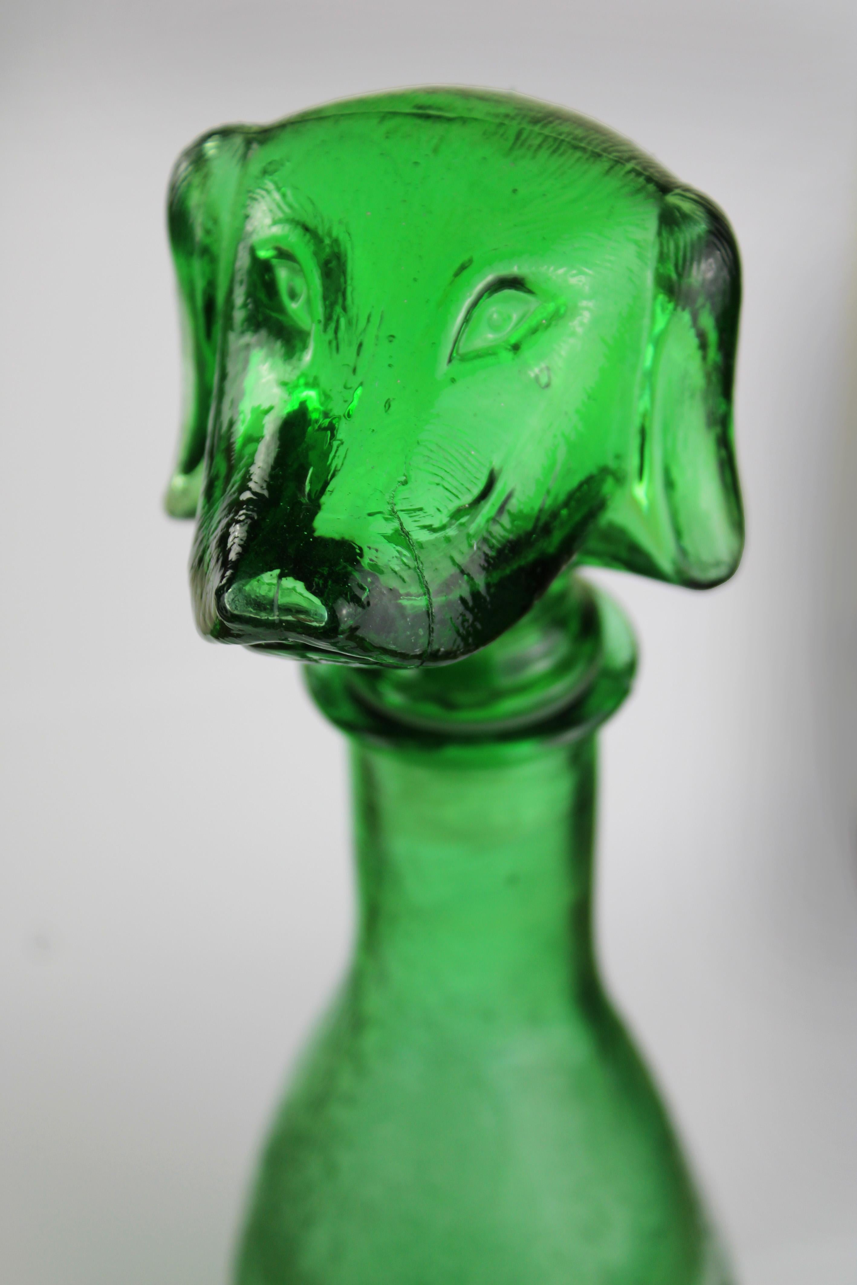 20th Century Mid Century Carafe Green embossed Glass Empoli Dachshund Decanter 1960's Italy